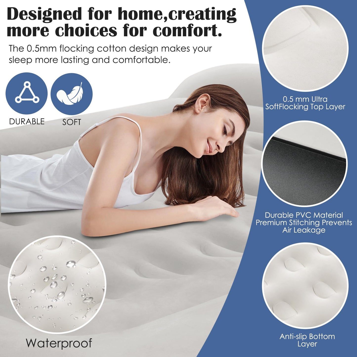 Ptlahmri Queen Air Mattress Full with Built-in Pump,16'' Blow up Mattress with Soft Flocked Top Luxury Inflatable Mattress 3 Minute Fast Inflation/Automatic deflation for Camping＆Home and Guest