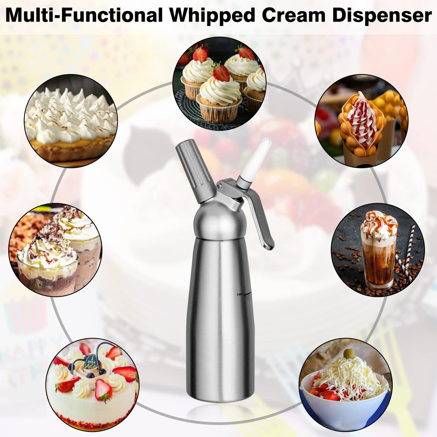 Professional Aluminum Whipped Cream Dispenser Cream Maker 500mL (1 Pint) for Desserts Gourmet Cream Whipper with 3 Decorating Nozzles- N2O Chargers (Not Included)