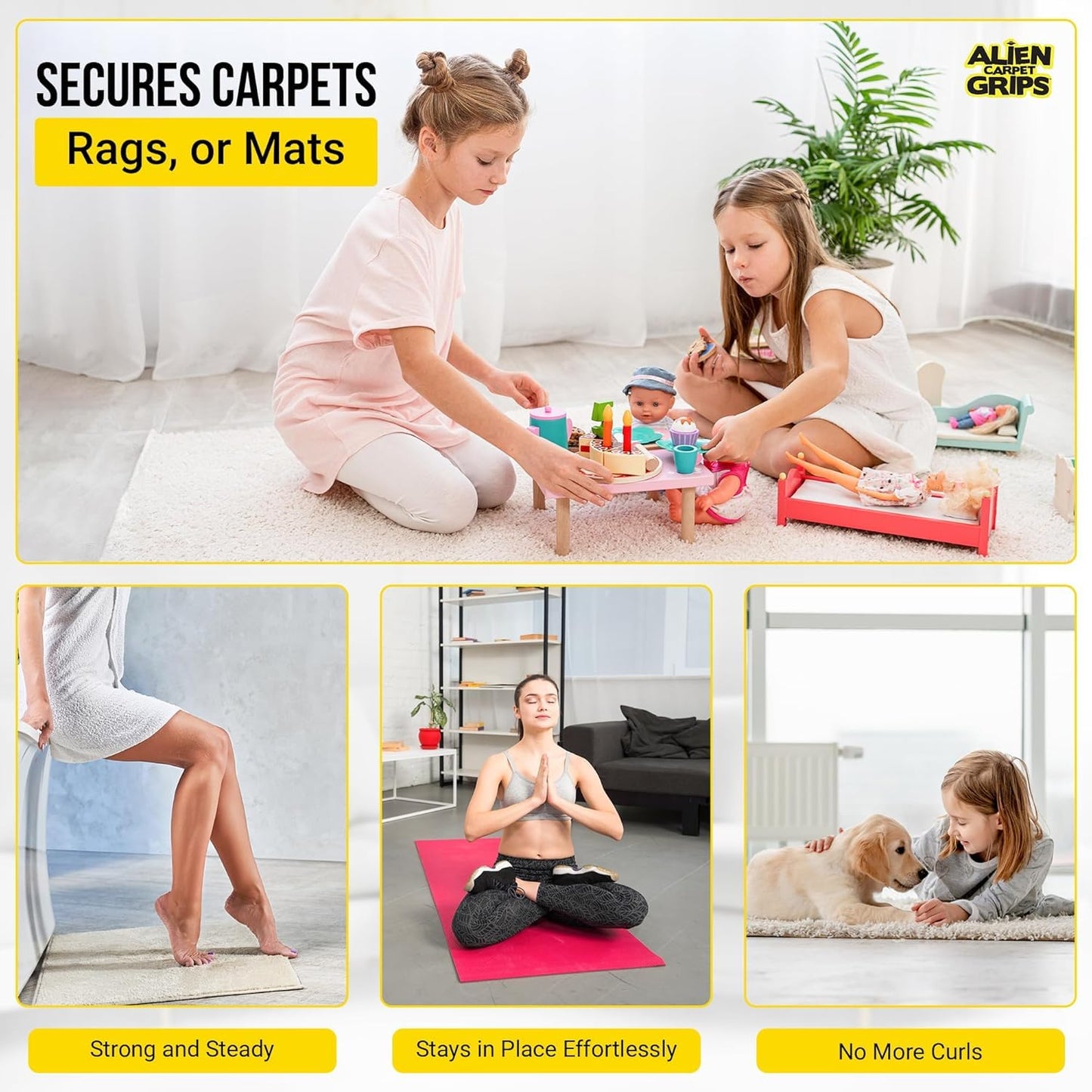 Alien Grip Rug Gripper Carpet Tape - 24pcs, 4x4 in. Anti-Slip Hardwood, Tile Floor, No Damage - Double Sided Reusable, Non Slip Corner Rug Pads - As Seen on TV