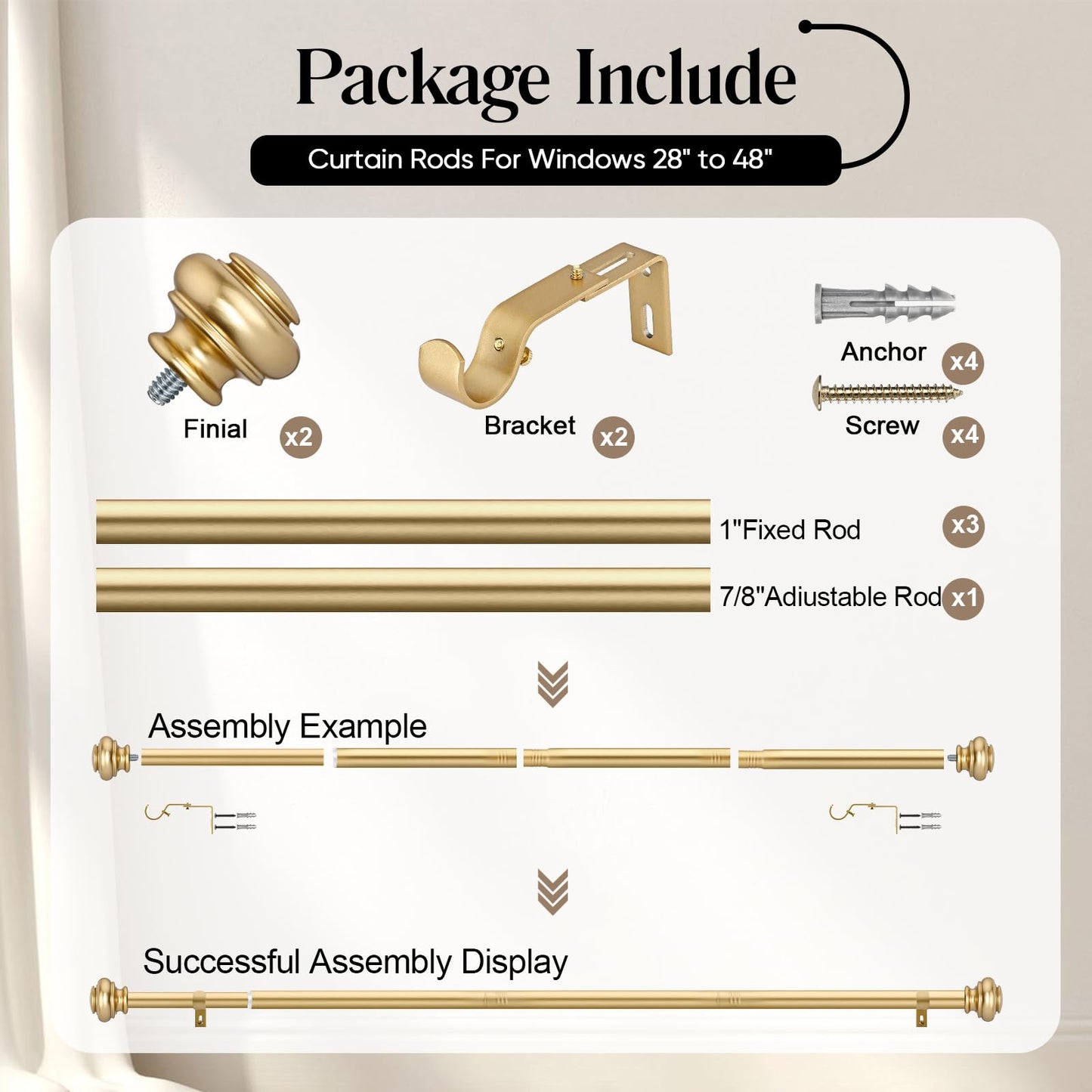 SIMEWIN Heavy Duty Curtain Rods, 1 Inch Gold, 28 to 48 Inches, Adjustable, Wall Mounted, Metal, Glossy Gold Finish, Classic Finials