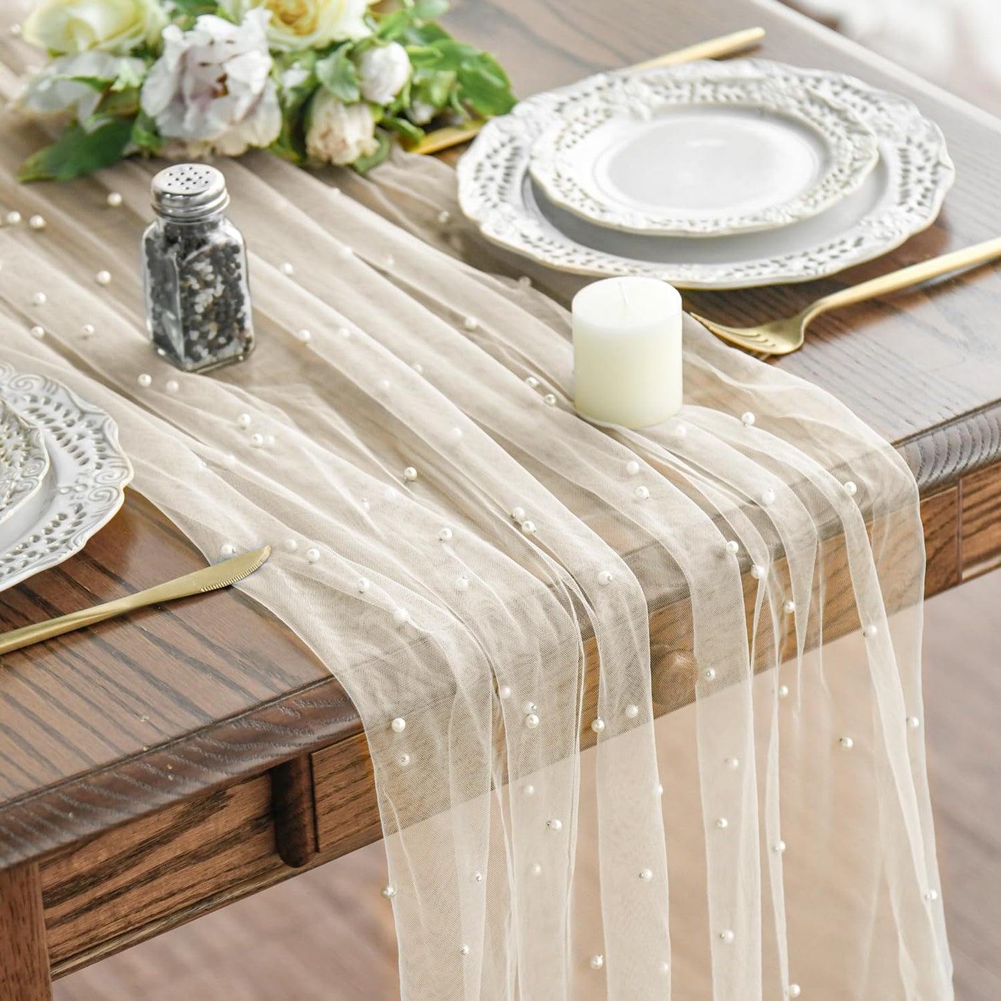 Artoid Mode 6PCS Pearl Beige Gauze Table Runner 120 Inch 10FT, Seasonal Sheer Dining Holiday Wedding Birthday Baby Shower Table Decor for Home Party
