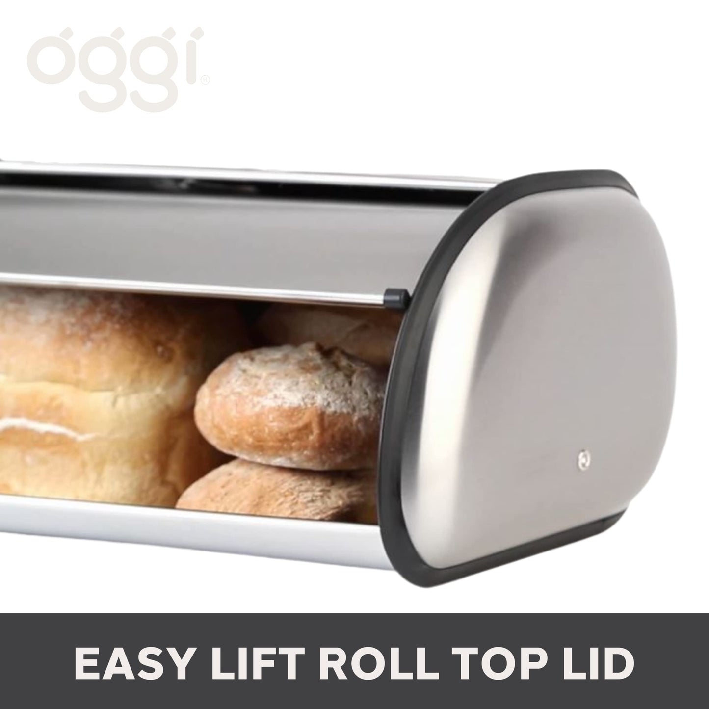 Oggi Stainless Steel Roll Top Bread Box for Kitchen Countertop with Stainless Steel Lid - Fits Multiple Large Loaves of Bread and Other Freshly Baked Goods Including Cookies, Bagels, Muffins