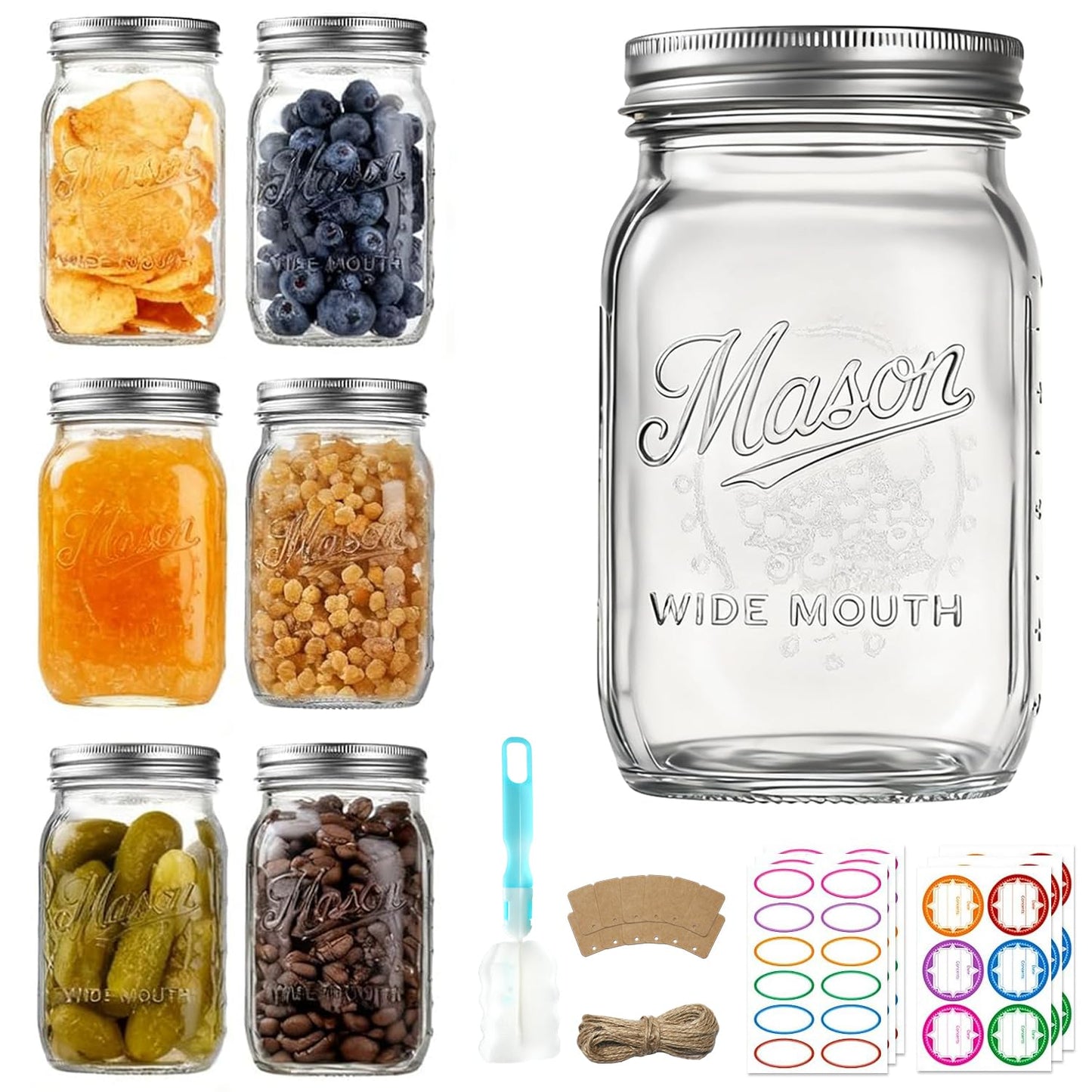 Dralaw Mason Jars 32 oz,6 Pack Large Wide Mouth Mason Jar with Airtight Lids and Bands|Quart Glass Canning Jars for Pickling, Fermenting and Food Storage Microwave&Dishwasher Safe