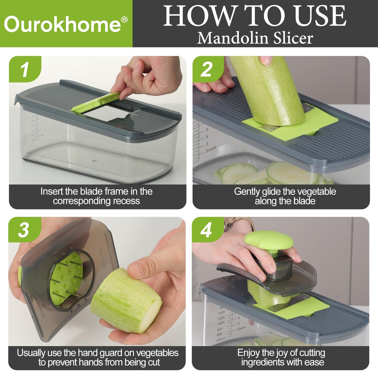 Ourokhome Mandolin Slicer with Handheld Spiralizer, Hand Safe Vegetable Shredder with 6 Mandoline Blades, Veggie Waffle Cutter for Potato, Carrot, Zucchini, Essential Kitchen Gadgets (10 in 1, Gray)