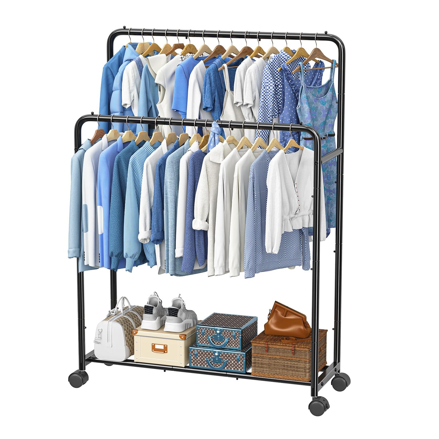 Simple Trending Clothing Clothes Rack Double Rods with Wheels, Rolling Metal Garment Rack for Hanging, Black