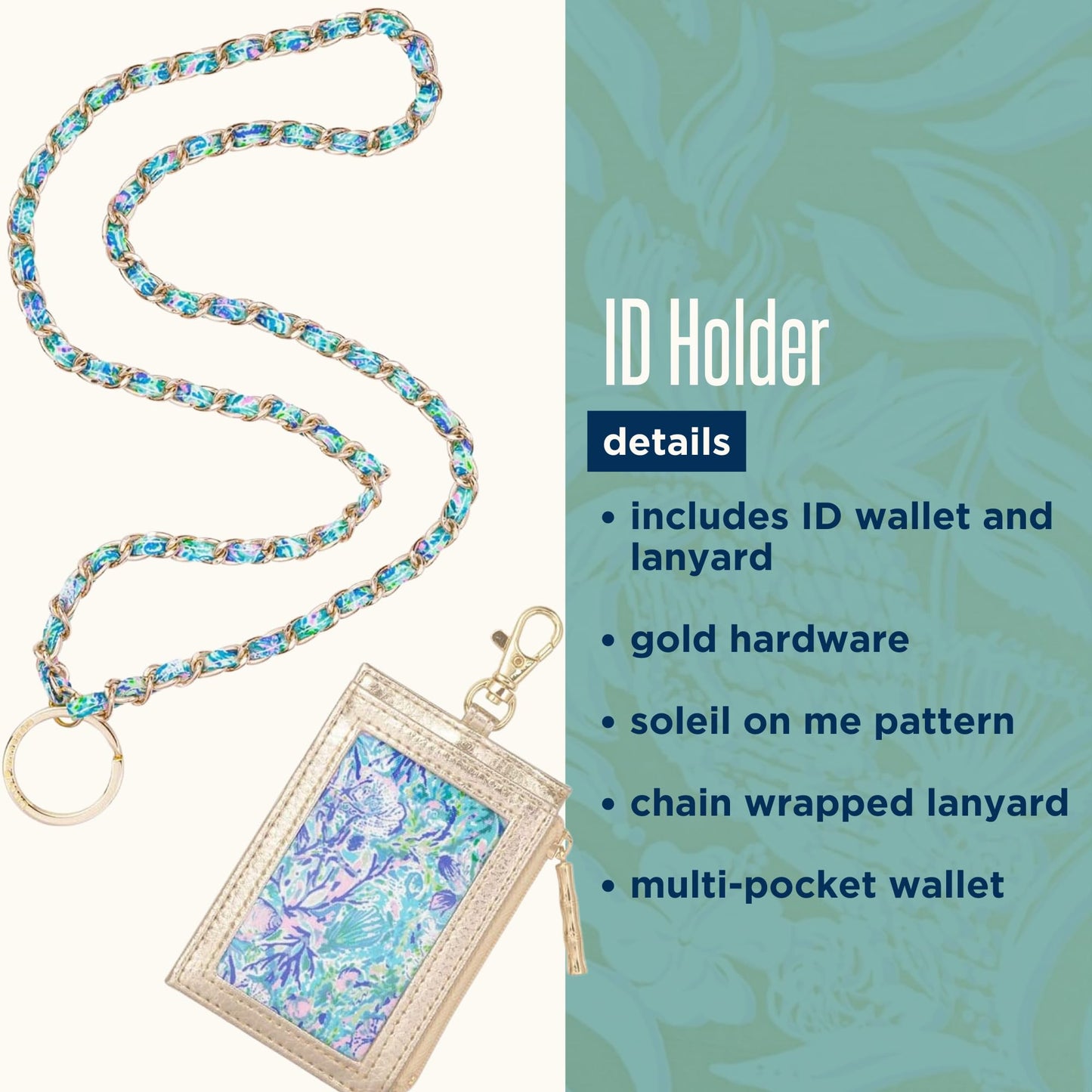 Lilly Pulitzer Lanyard with ID Holder, Keychain Wallet for School or Office, Gold Zipper Wallet, Badge Holder with Clear Window and Card Slots, Soleil It On Me