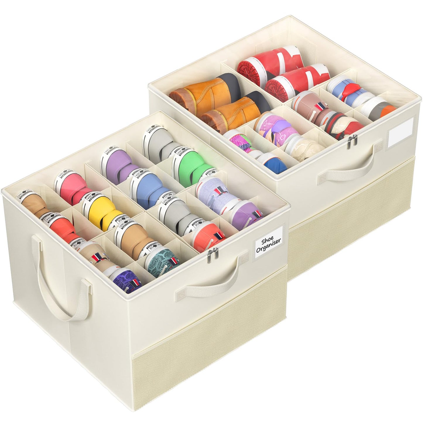 NestOrganix 2 Pack Shoe Organizer for Closet, Large Shoe Box Storage Containers, Foldable Shoe Storage Organizer Box Bin with Adjustable Dividers and Clear Cover, Space Saving Shoes Holder, Beige