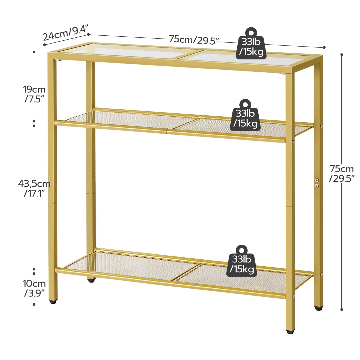 HOOBRO 29.5" Narrow Console Table, 3-Tier Tempered Glass Sofa Table, Modern Entryway Table, for Entrance, Living Room, Foyer, Hallway Bedroom, Gold GD21XG01G1