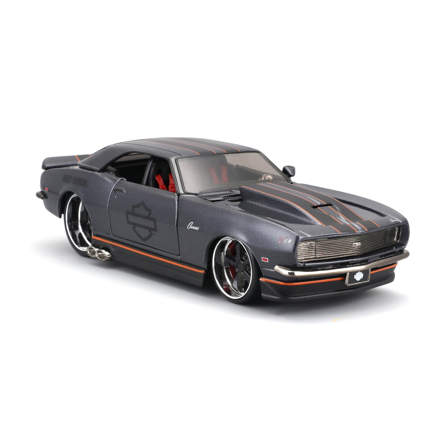 Maisto 1968 Chevrolet Camaro Z/28 Dark Gray Metallic with Black and Orange Stripes Harley Davidson H-D Custom 1/24 Diecast Model Car