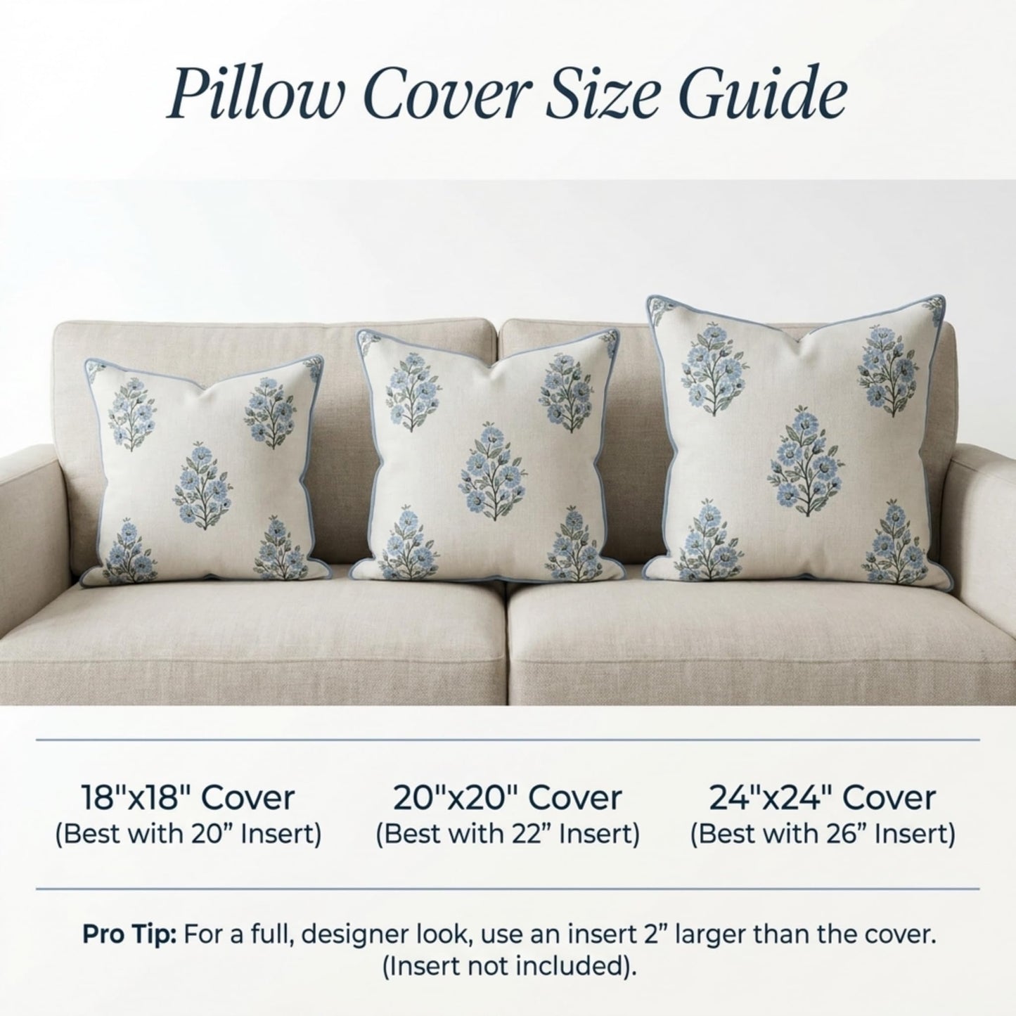 Jillien Harbor “The Camille” Floral Block Print Pillow Cover – Soft Blue and White Decorative Throw Pillow Cover – Grandmillennial Home Decor, 20" x 20"