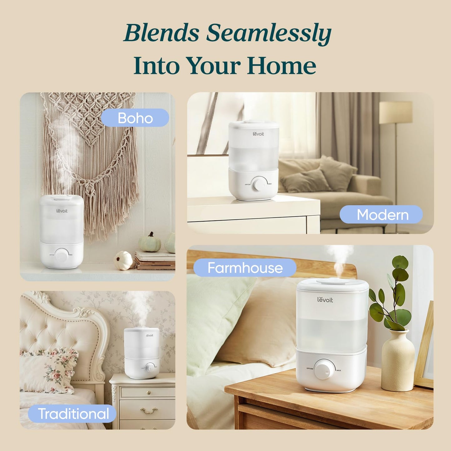 LEVOIT Top Fill Humidifiers for Bedroom, 2.5L Tank for Large Room, Easy to Fill & Clean, 28dB Quiet Cool Mist Air Humidifier for Home Baby Nursery & Plants, Auto Shut-off for Safety, 25H