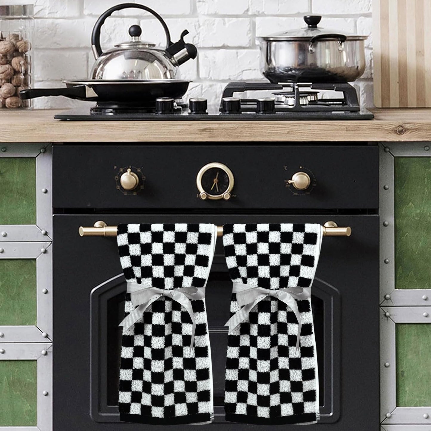 Jacquotha Black and White Hand Towels 4 Pack, Cotton Decorative Bathroom Hand Towels & Checkered Kitchen Decor, 13" x 29"
