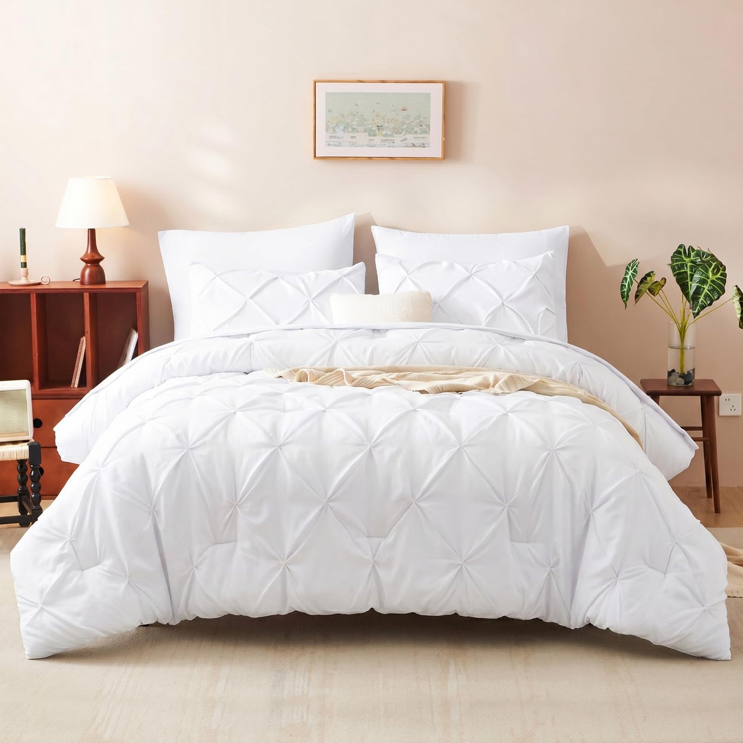 HIMEET King Size Comforter Set White - 7 Pieces Pintuck Bed in a Bag, Pinch Pleat Modern Room Decor, All-Season Soft Bedding Gift with Comforter, Sheets, Pillowcases & Shams