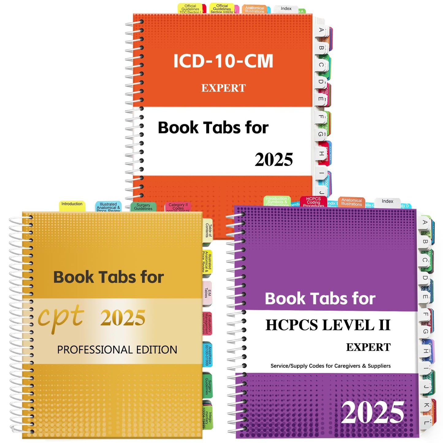 Index Tabs for CPT, AAPC Version ICD-10-CM & HCPCS Level II 2025, 3 Set Bundle, Complete Book Tabs Set (Book not Included), Color-Coded with Code Ranges, Laminated & Waterproof & Repositionable