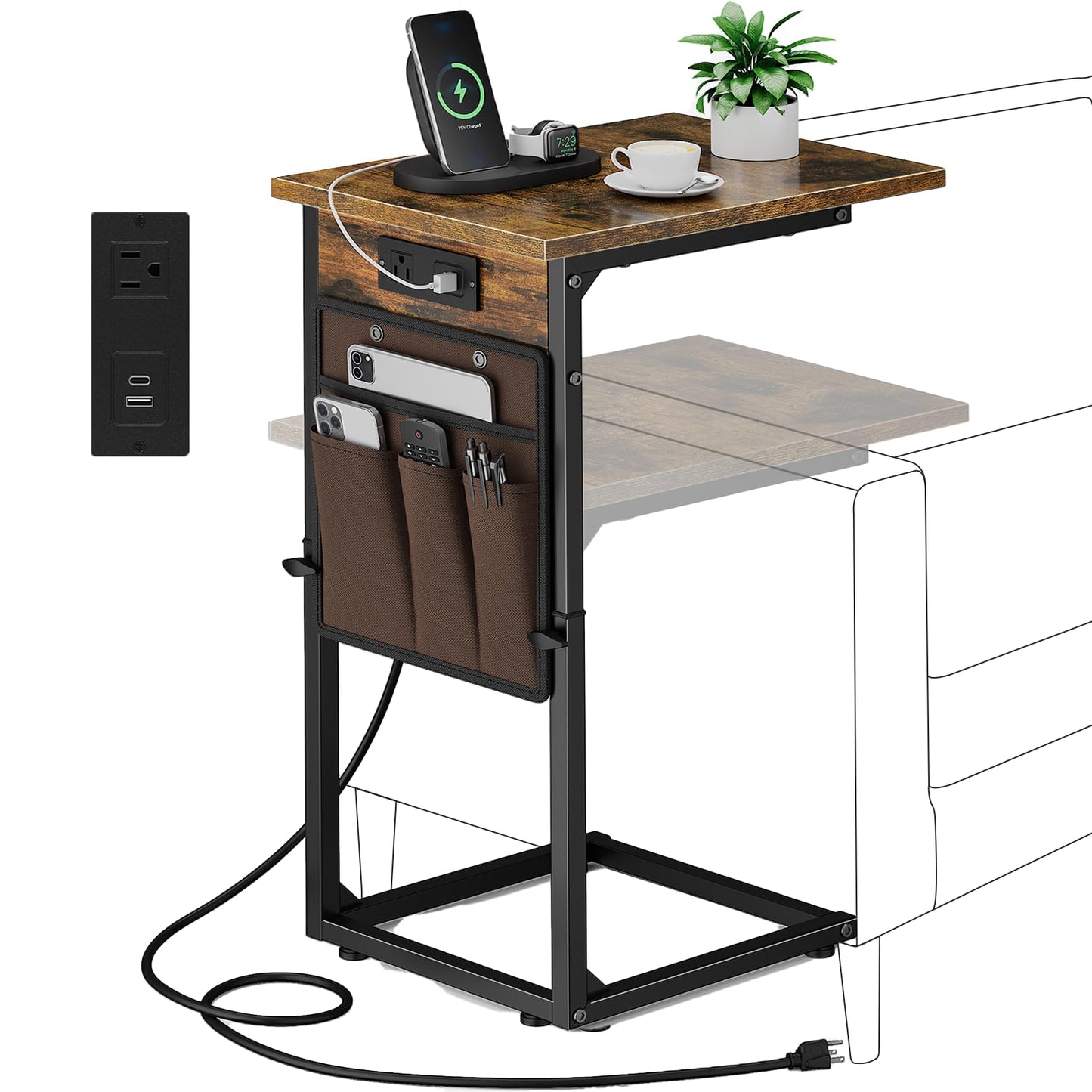 Vagusicc C Shaped End Table with Charging Station, Adjustable Height Side Table for Couch, Small Sofa Table with Storage Bag, Slide Under Sofa TV Tray Snack Arm Tables for Living Room, Bedroom, Brown
