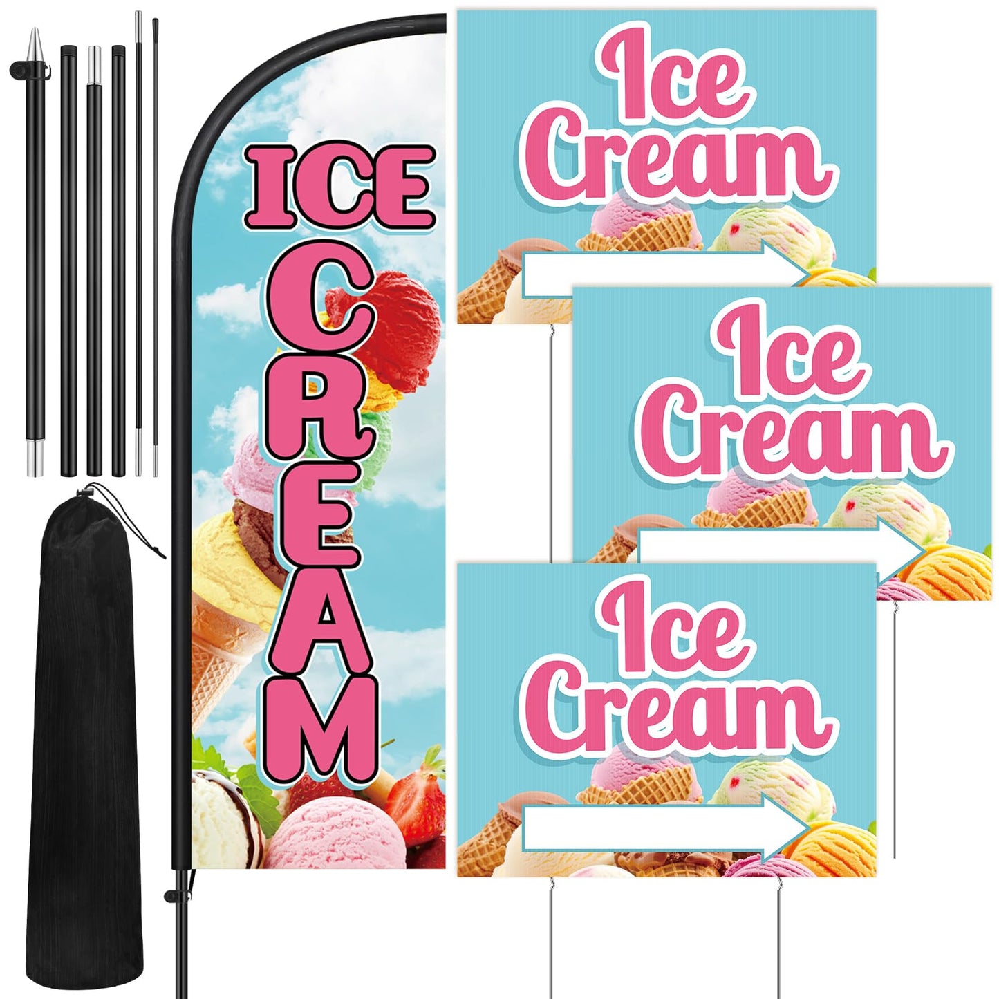 Hahafelt 3 Pcs Ice Cream Shop Sign 1 Pcs 7 ft Ice Cream Flag with Pole Kit Yard Sign with Metal Stakes Feather Windless Swooper Shop Flags for Outdoor Business Advertising