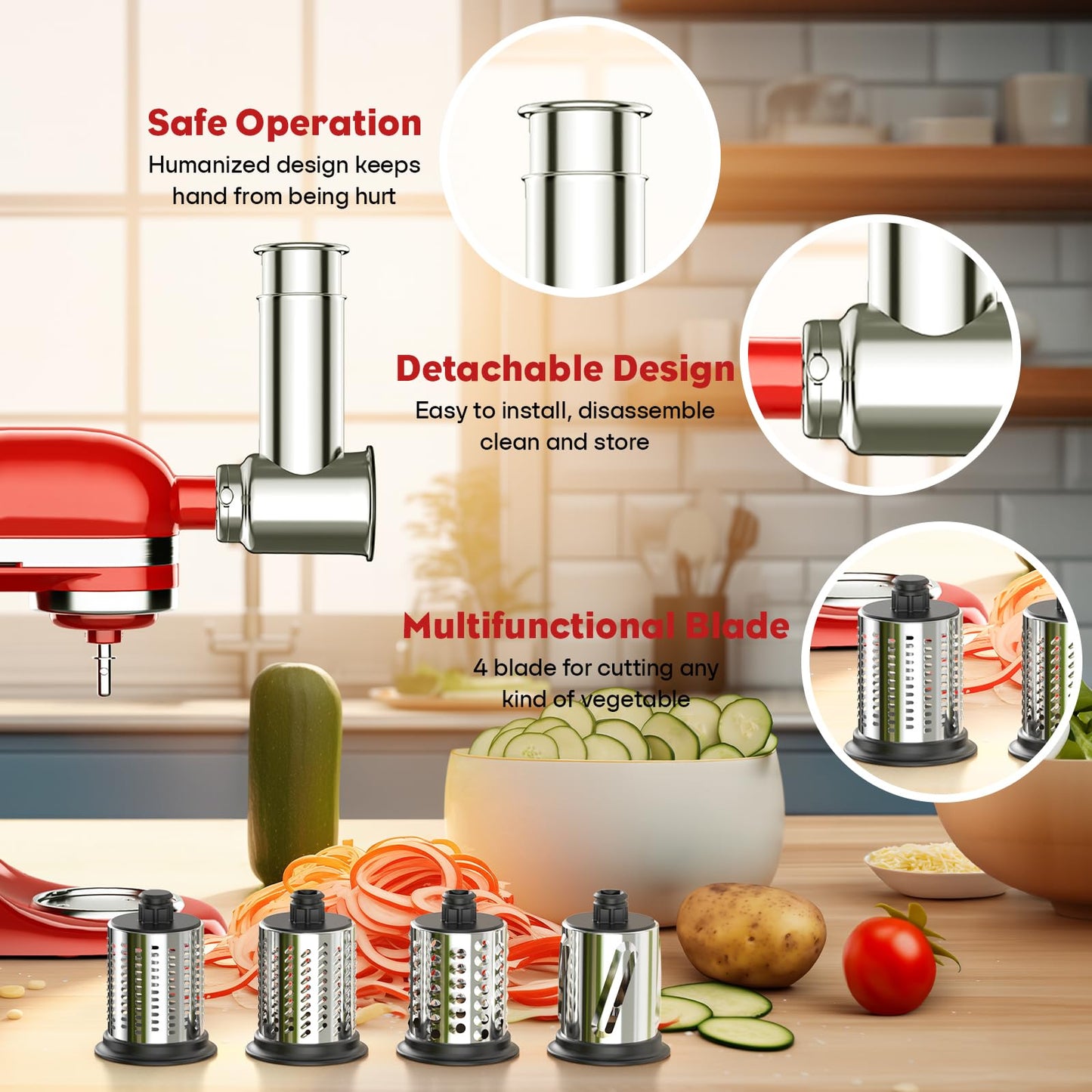 Stainless Steel Slicer Shredder Attachment for Kitchenaid Stand Mixer, Cheese Grater, Salad Maker Accessories for Kitchenaid Mixer, Grinding Powder with 4 Blades by FOCOLLK