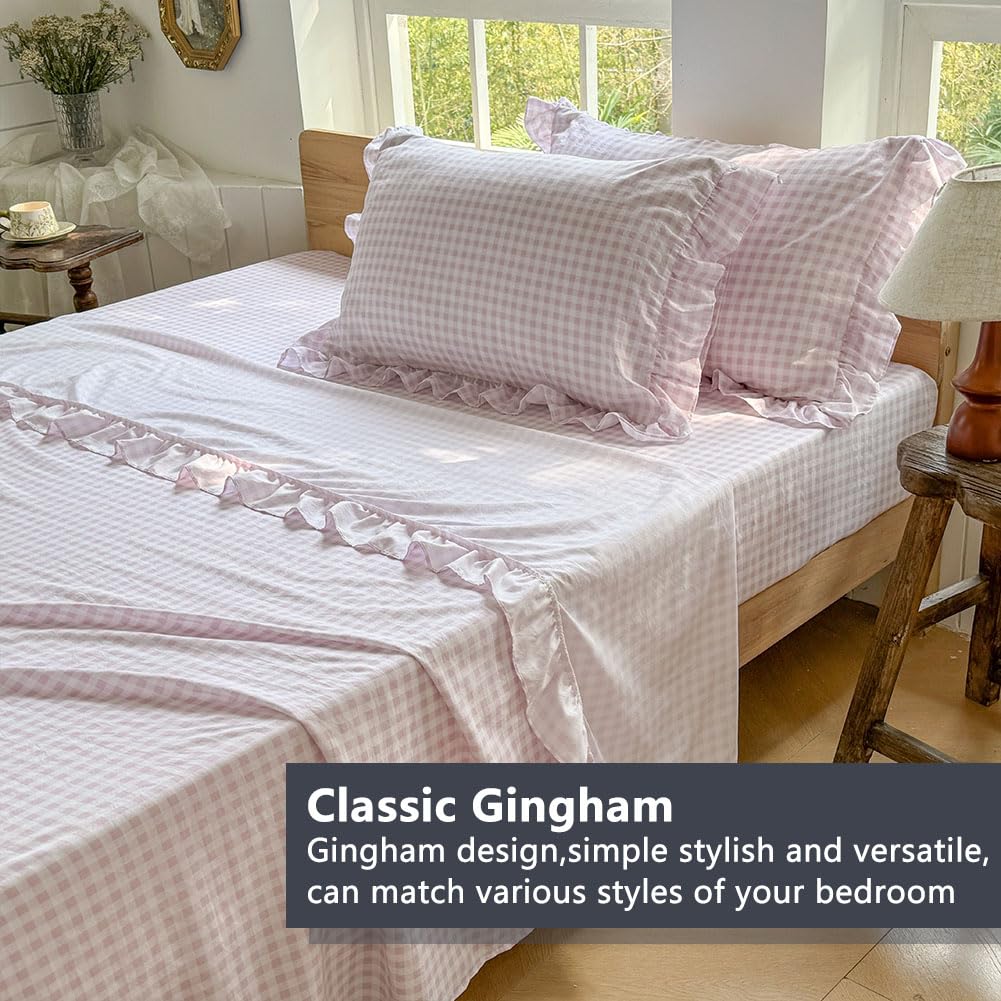 NSNLGSGC Pink Gingham Ruffle Queen Sheet Set, Pink Soft Pre-Washed Microfiber Plaid Queen Bed Sheets, 4-Pieces Farmhouse Sheet Set with Deep Pocket