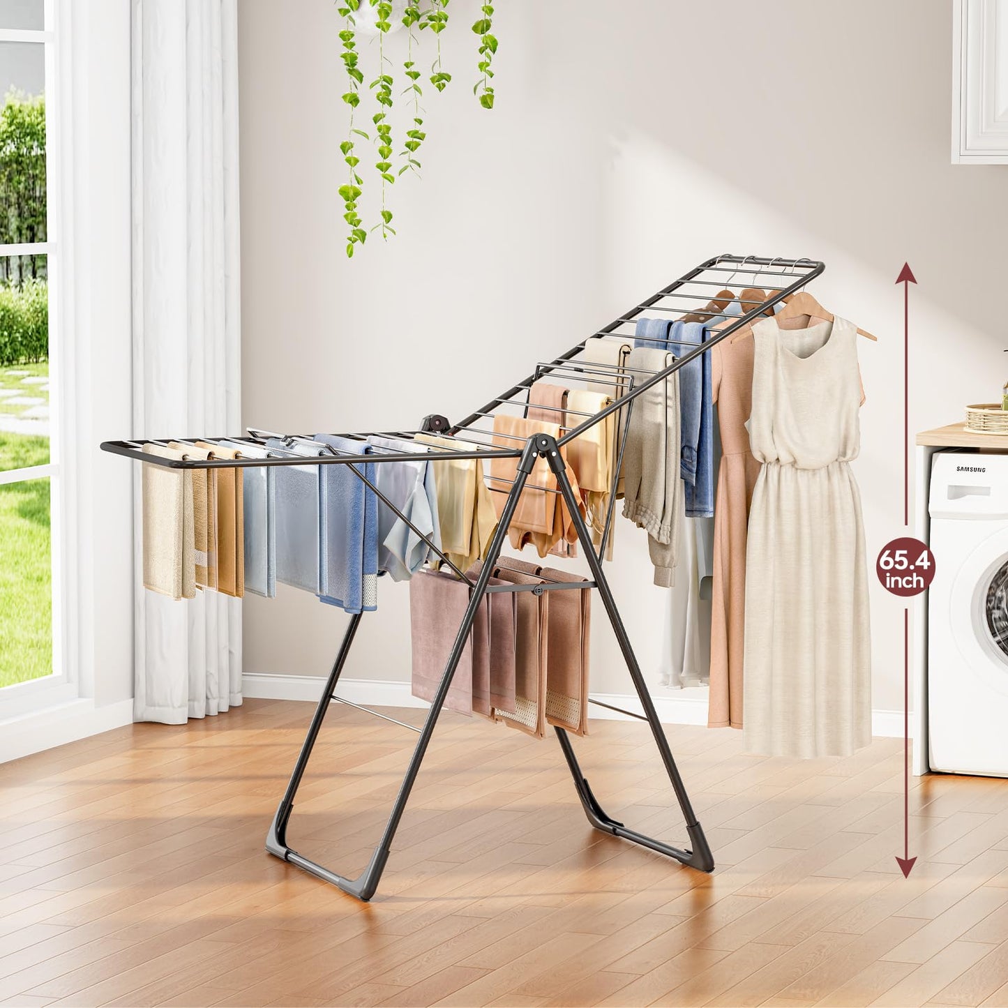 APEXCHASER Clothes Drying Rack, Foldable Oversized Drying Rack Clothing with L-Shaped Foot Cover, Height-Adjustable, Multi-Bar Laundry Rack, Indoor Outdoor Use, 20.4" D x 70" W x 42.52" H, Jet Black