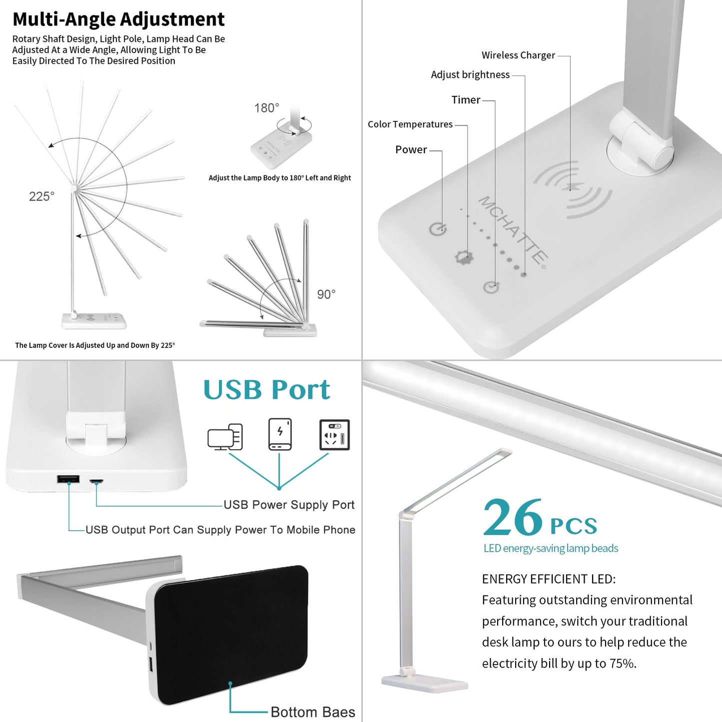 MCHATTE LED Desk Lamp with Wireless Charger, USB Charging Port, Dimmable Eye-Caring Desk Light with 5 Brightness Levels & 5 Lighting Modes, Touch Control, Auto Timer (White)