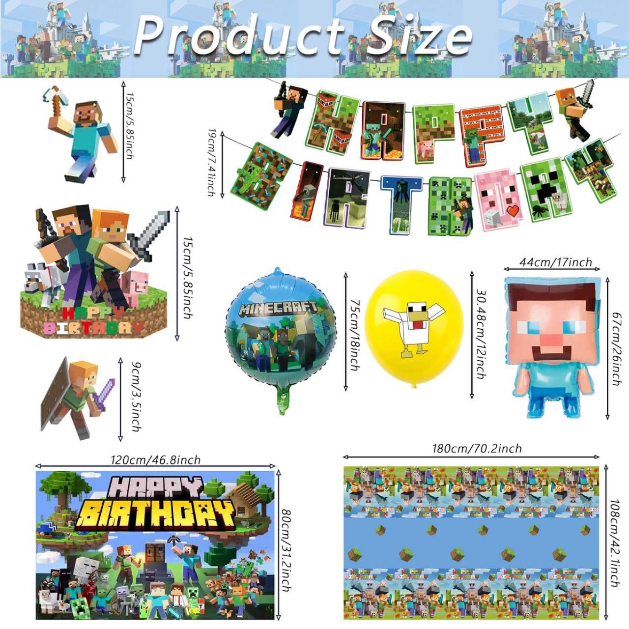 For Pixel Party Supplies, 55 PCS Birthday Decorations Set Include Banner, Balloons,, Hanging Swirls, Cake Cupcake Toppers, Tablecloth for Boys Girls Pixel Theme Party