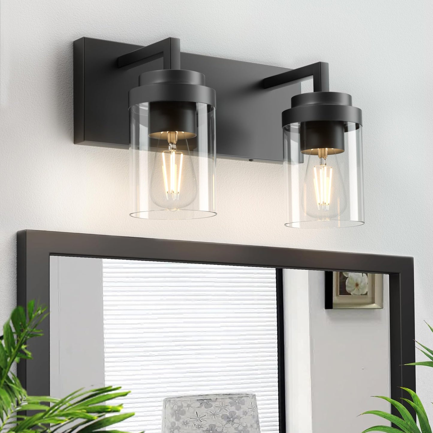 Espird Bathroom Vanity Fixtures, 2 Light Matte Black Vanity Light with Clear Glass Shade, 15in Farmhouse wall Light, Lighting Fixture Over Mirror for Bathroom