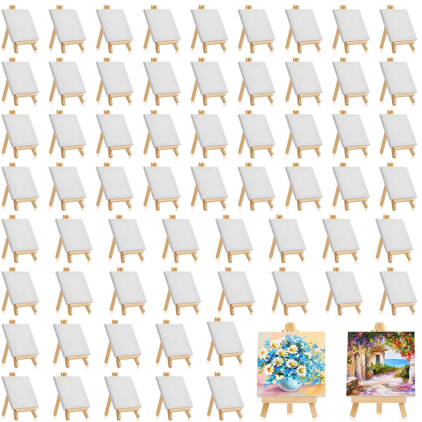 Mimorou 32 Pack Mini Canvas with Easel Sets for Painting Small Art Stretched Canvas Panels Pack with Sturdy Wood Display Easel for Kids Classroom Crafts End of The Year Gifts (6 x 6 Inch)