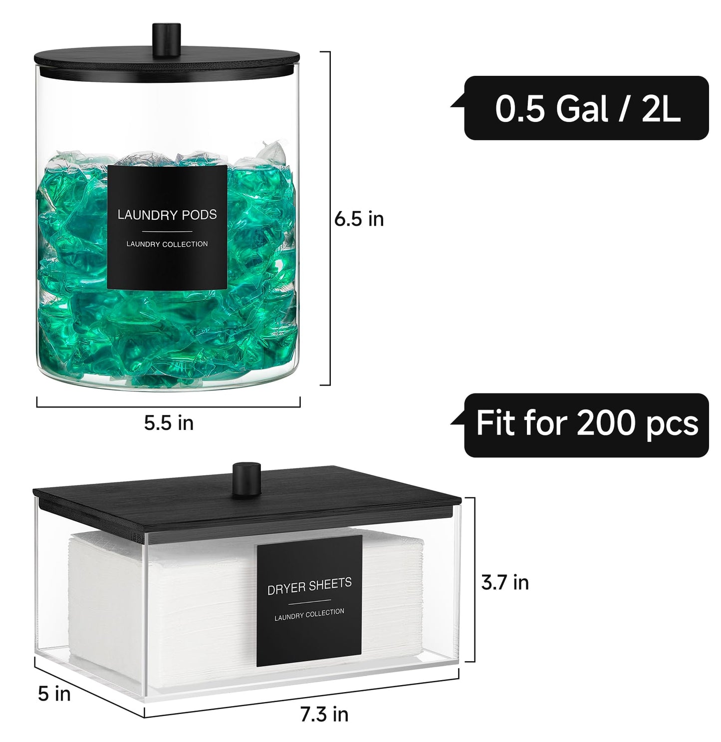 3 Pack Glass Jars and Acrylic Dryer Sheet Holder, Laundry Pods Container with Bamboo Lid and Measuring Cups for Laundry Room Organization, Powder Detergent Containers (Black)