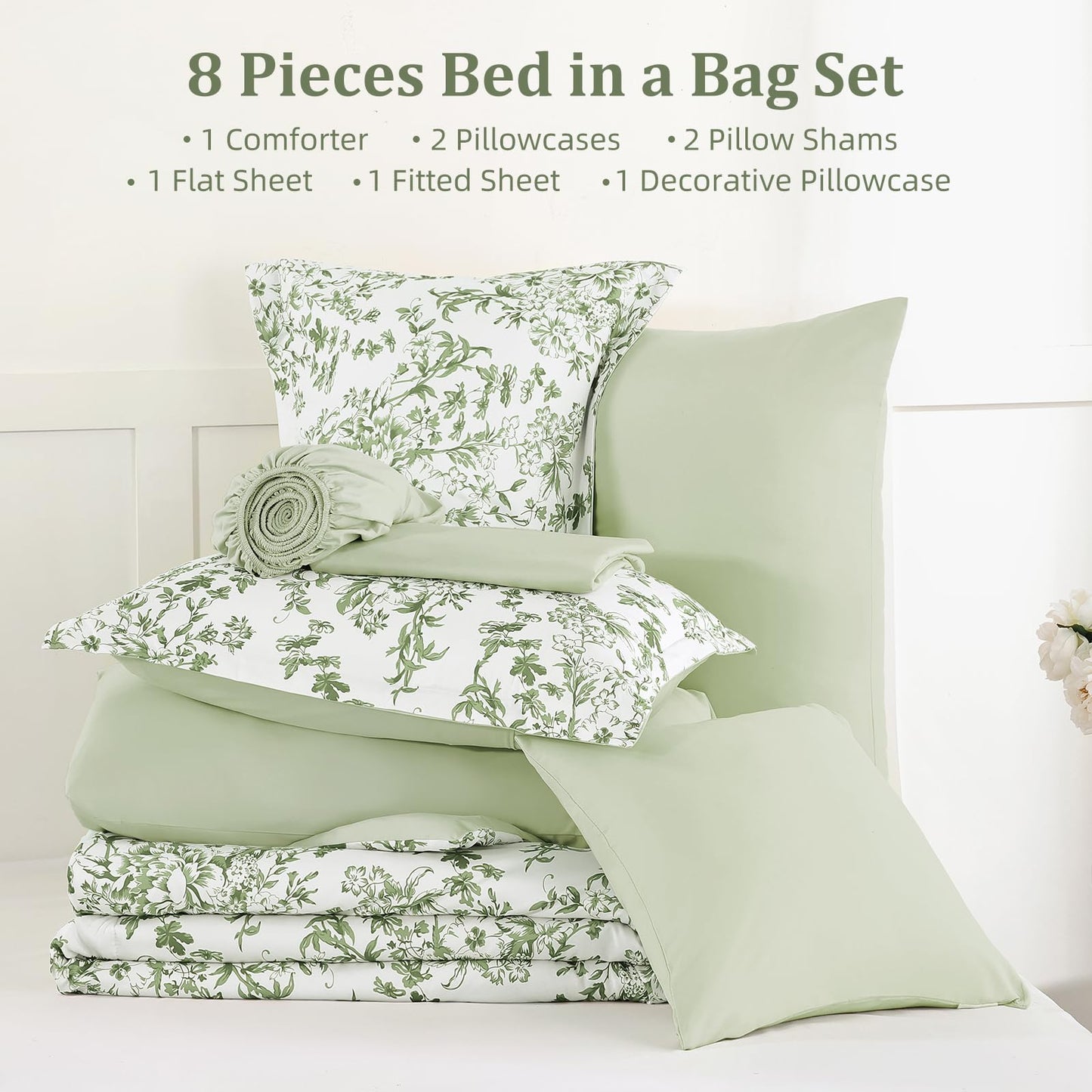 WONGS BEDDING 8 Pieces Queen Size Comforter Set Green, Sage Green Floral Bed in a Bag Comforter Sets, Soft Reversible Botanical Flowers Bedding Sets for All Season (90"x90")