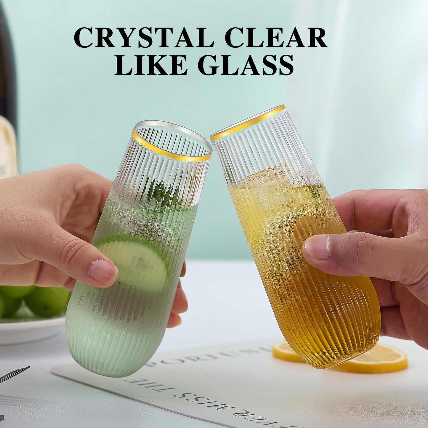 Lueumxc 48 Pack Plastic Champagne Flutes, 9 Oz Ribbed Stemless Disposable Gold Rim Plastic Toasting Glasses Shatterproof Recyclable and BPA-Free Perfect For Wedding