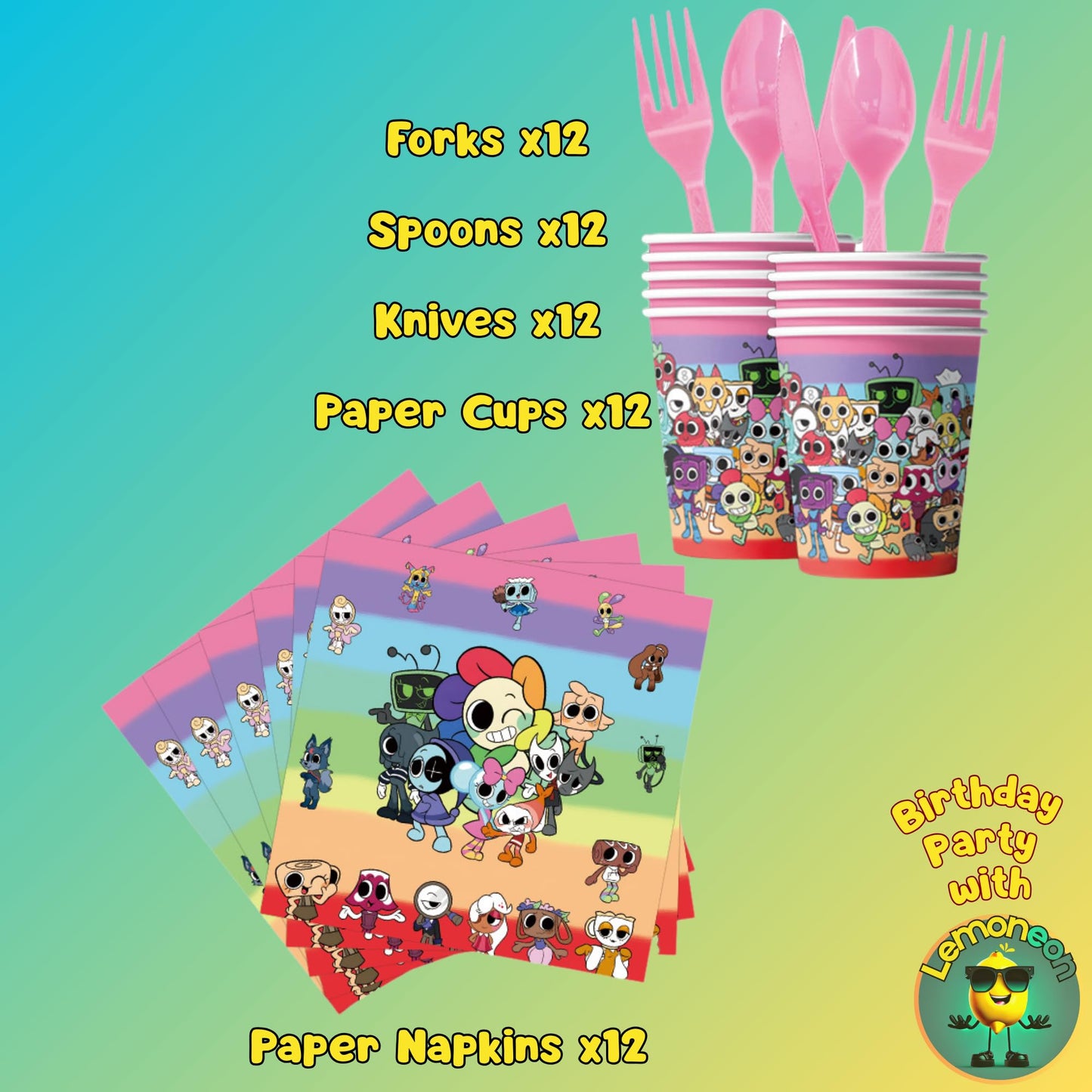 Lemoneon Birthday Party Decorations Supplies Tablecloth Plates Cups Napkins Forks Spoons Knives