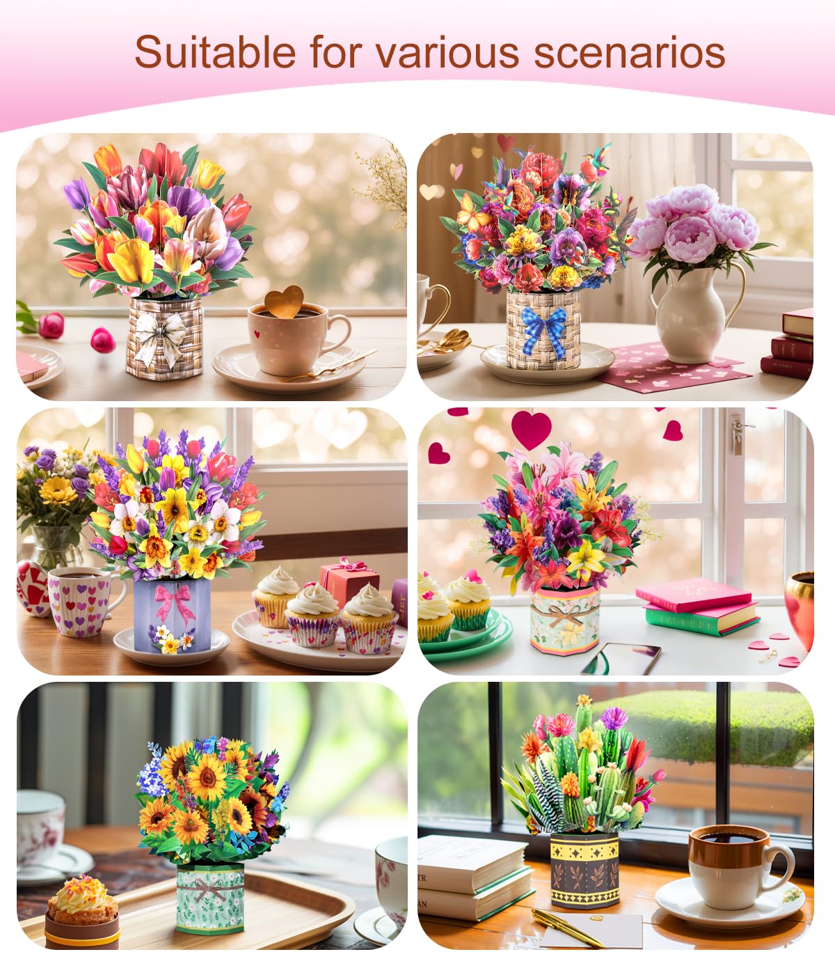 Magic Ants 8 Pack 3D Pop Up Flower Bouquet Cards Assortment – Beautiful Spring Floral Greeting Cards with Envelopes and Black Notes –for Birthday, Mother's Day, Thank You, Get Well