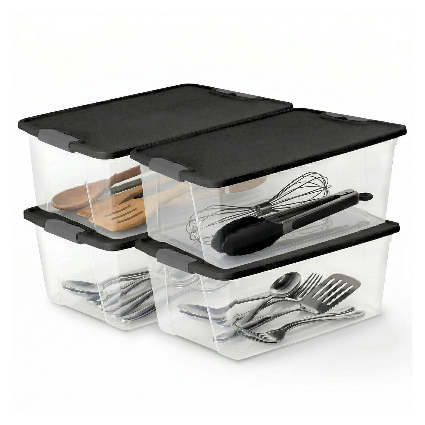 HOMZ 4-Pack Secure Latch, Clear Plastic Storage Organizer Bins, 15 Quart, Gray Lid - Stackable Container Boxes for Bedroom, Bathroom, Garage, and Office Organization