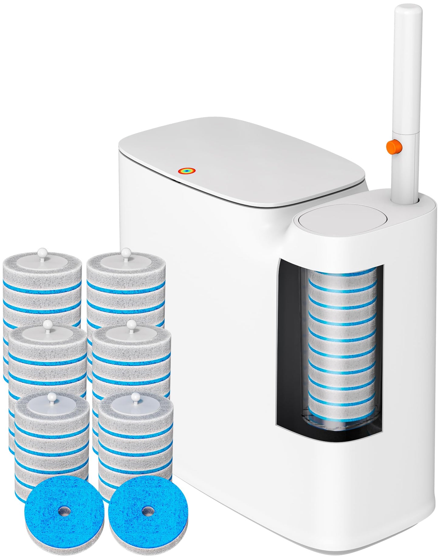 CTIME Bathroom Trash Can Set - Narrow White Plastic Small Trash can, a Toilet Wand, Toilet Brush Holder and 36 Refills, 2 Gallon Trash can with pop-up lid, Suitable for bathrooms and Small Toilets.