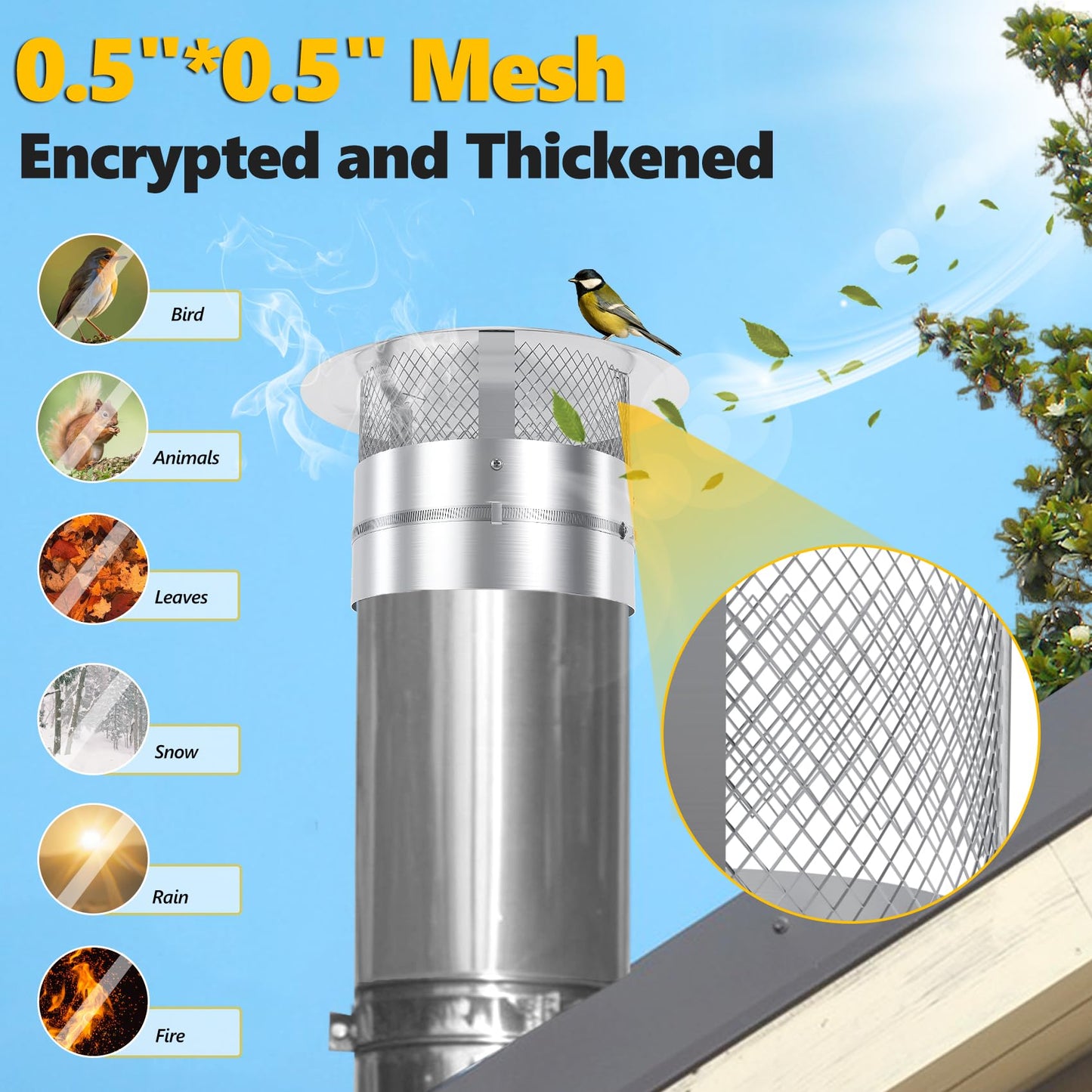8 Inch Chimney Cap, 8" Stainless Steel Cone Top Chimney Cap with Screen, Adjustable and Reinforced Round Chimney Cap, Chimney Cover for Vents,Rain Cap for All-Round Chimney,8 Inch Round Chimney Cap