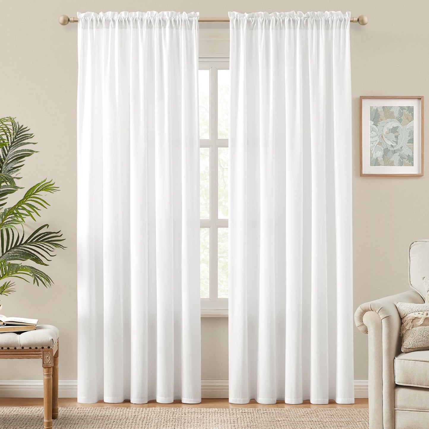 HOMEIDEAS Non-See-Through White Privacy Semi Sheer Curtains 84 Inches Long 2 Panels Set Light Filtering Curtains for Living Room Bedroom Drapes,W52xL84