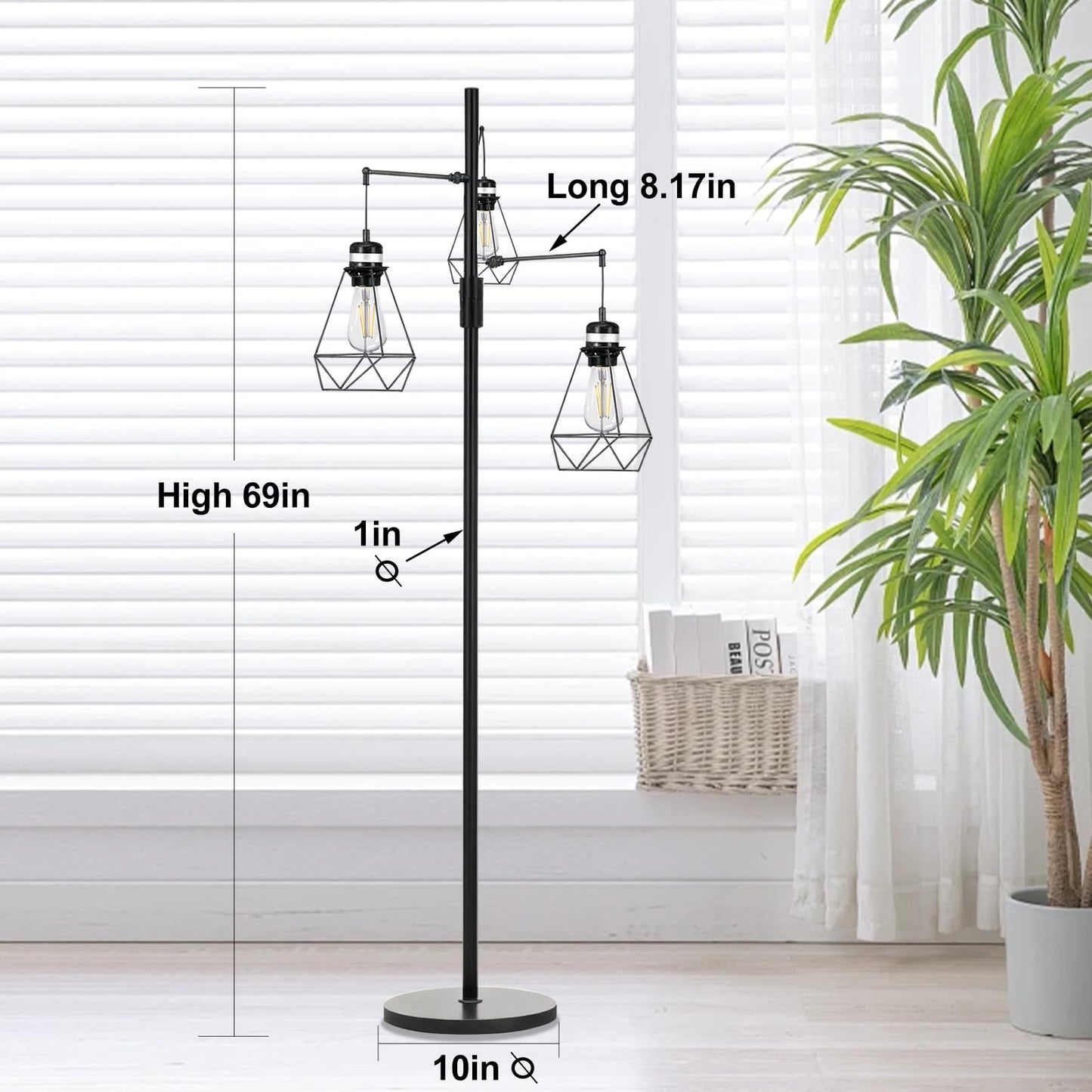 NUNET Boho Industrial Farmhouse Floor Lamp with Stepless Dimming & 3 Adjustable Cage Shades - Vintage Rustic Tall Standing Light for Living Room/Office, Includes Edison Bulbs, Weighted Base
