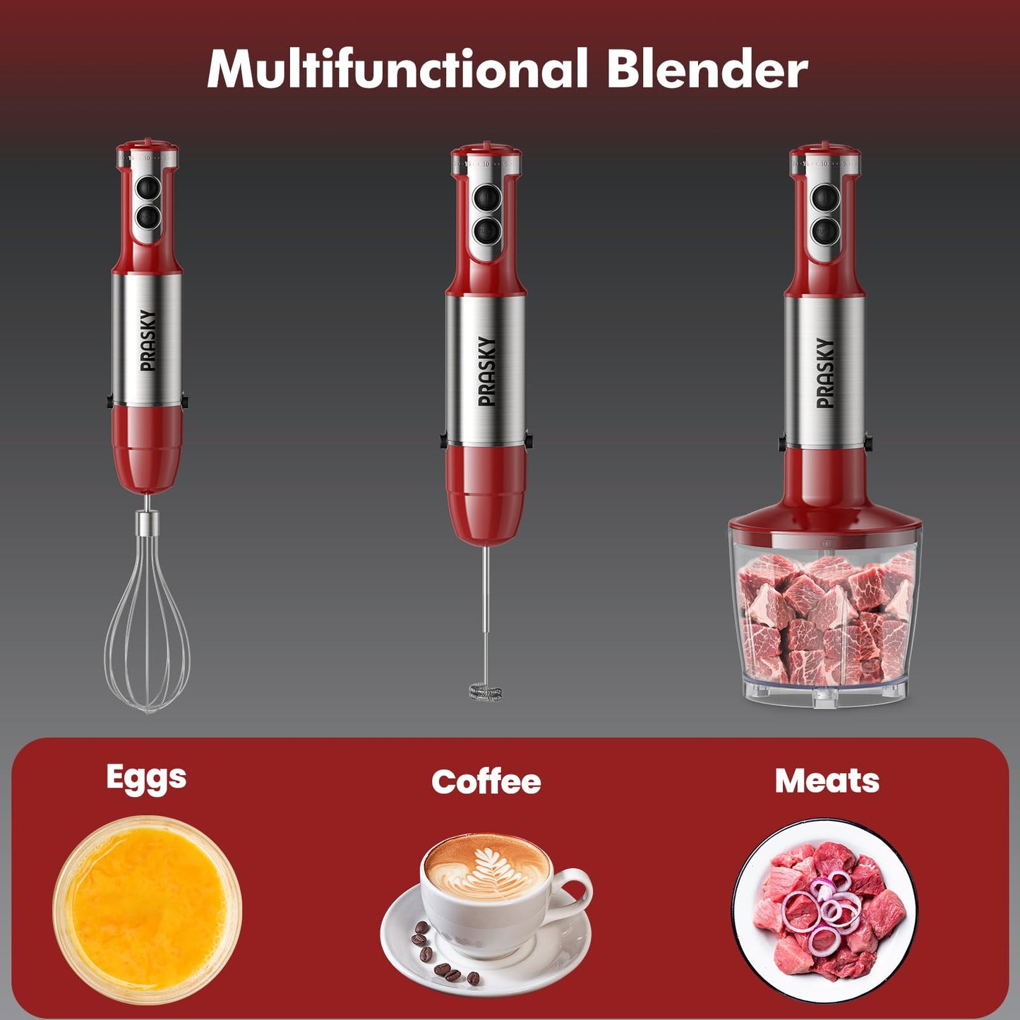 Immersion Blender Handheld 1200W, 5-in-1 Hand Blenders, 20 Speeds Hand Mixer, Stainless Steel Blades, Milk Frother Wand, Whisk, Beaker, Suitable for Kitchen, Protein Shakes and Baby Food (Red)
