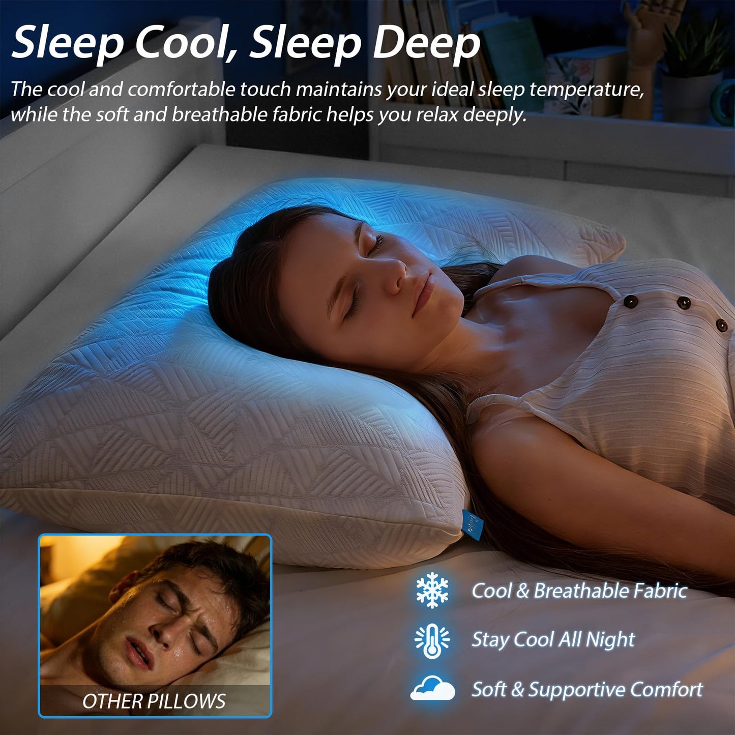 BETU Cooling Pillows Queen Size Set of 2, Shredded Memory Foam Pillows Cool for Hot Sleepers, Adjustable Firm Soft Support Bed Pillows Perfect for Back Neck Pain and Side Sleeping with Cover, White