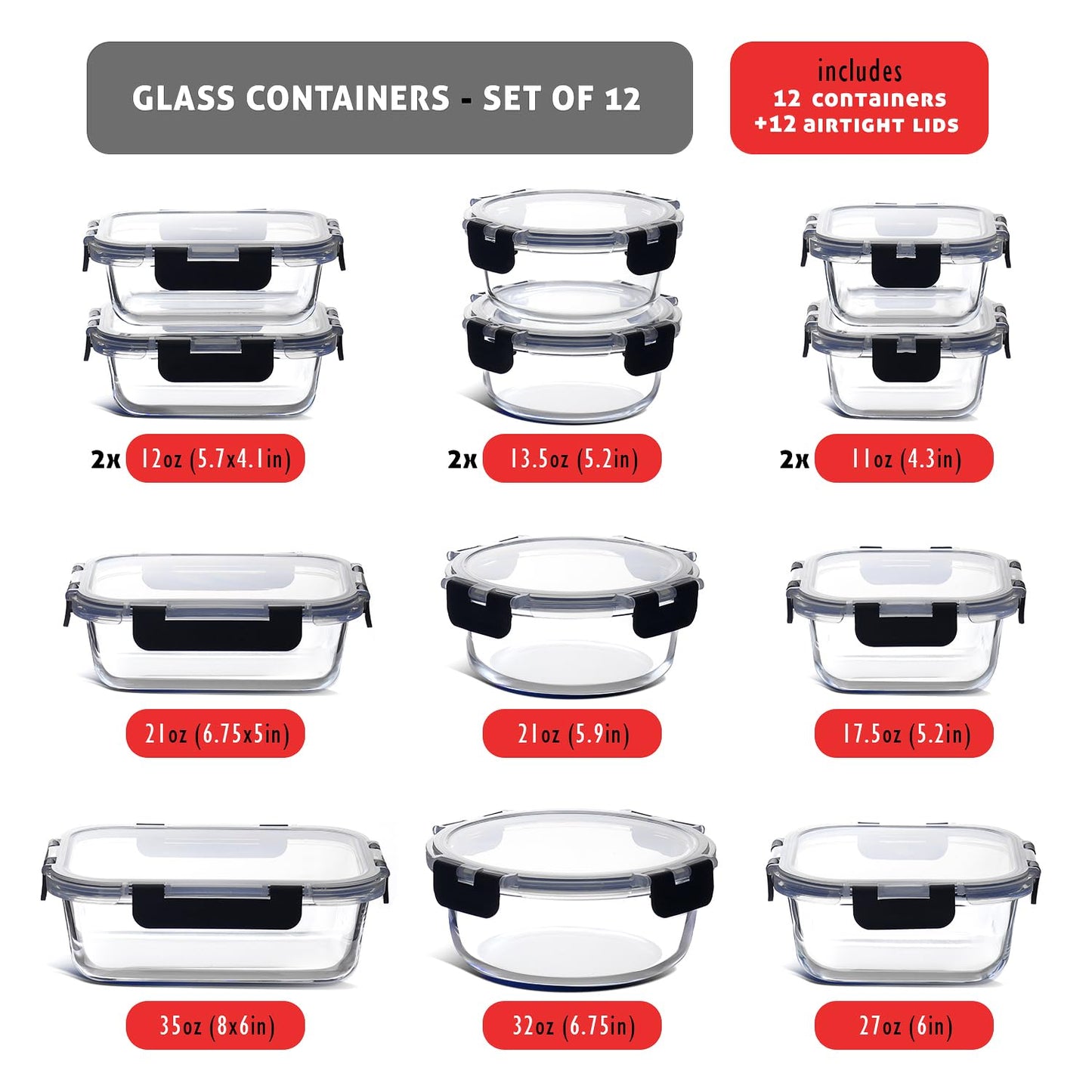 Nestl 24pc Glass Storage Containers with Lids, 12 Glass Food Storage Containers with 12 Airtight Lids for Pantry & Kitchen, Meal Prep Containers for Lunch, Oven Microwave & Dishwasher Safe, Black
