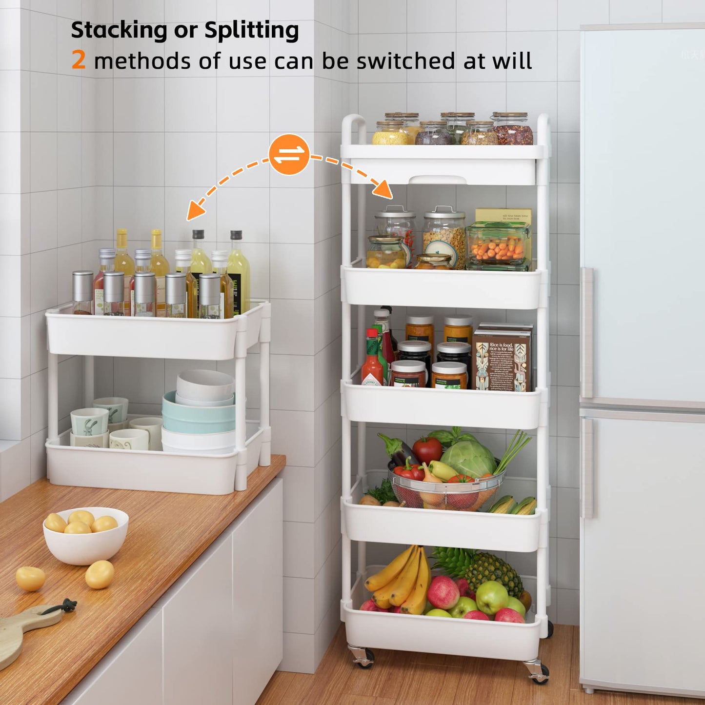 Calmootey 5-Tier Rolling Utility Cart with Drawer,Multifunctional Storage Organizer with Plastic Shelf & Metal Wheels,Storage Cart for Kitchen,Bathroom,Living Room,Office,White