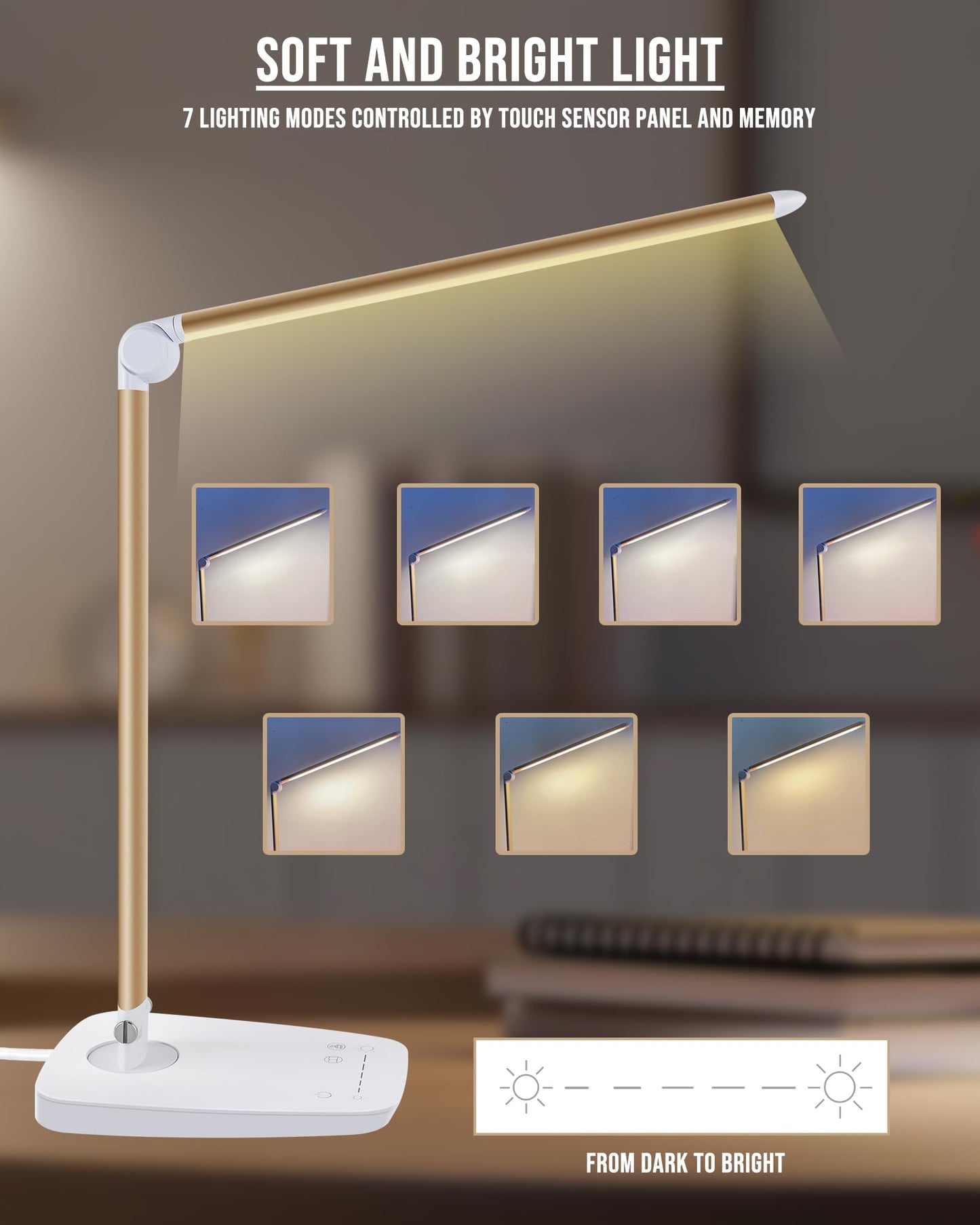 Lichamp Dimmable LED Desk Lamp with USB Charging Port, Touch Control Foldable Gooseneck Free Rotation Adjustable Eye Care Table Lamp, Bedside Reading Light with UL AC Adapter (Pink Gold)