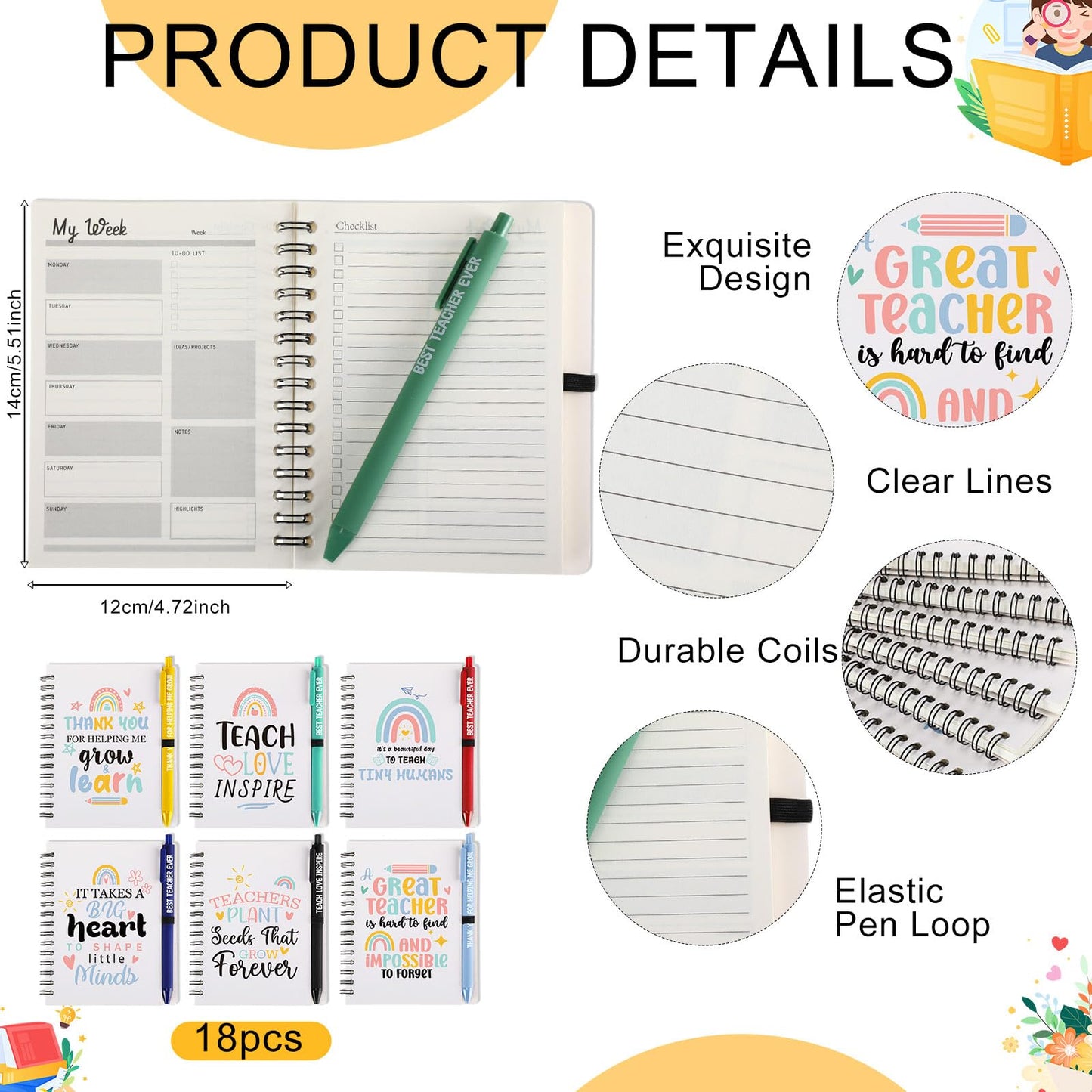 Resurhang 72 Pcs Teacher Appreciation Gifts Bulk Spiral Notebook Thank You Gifts for Women Includes Rainbow Wirebound Spiral Notebook Ballpoint Pen Makeup Bags Sticky Note for Teachers Gifts