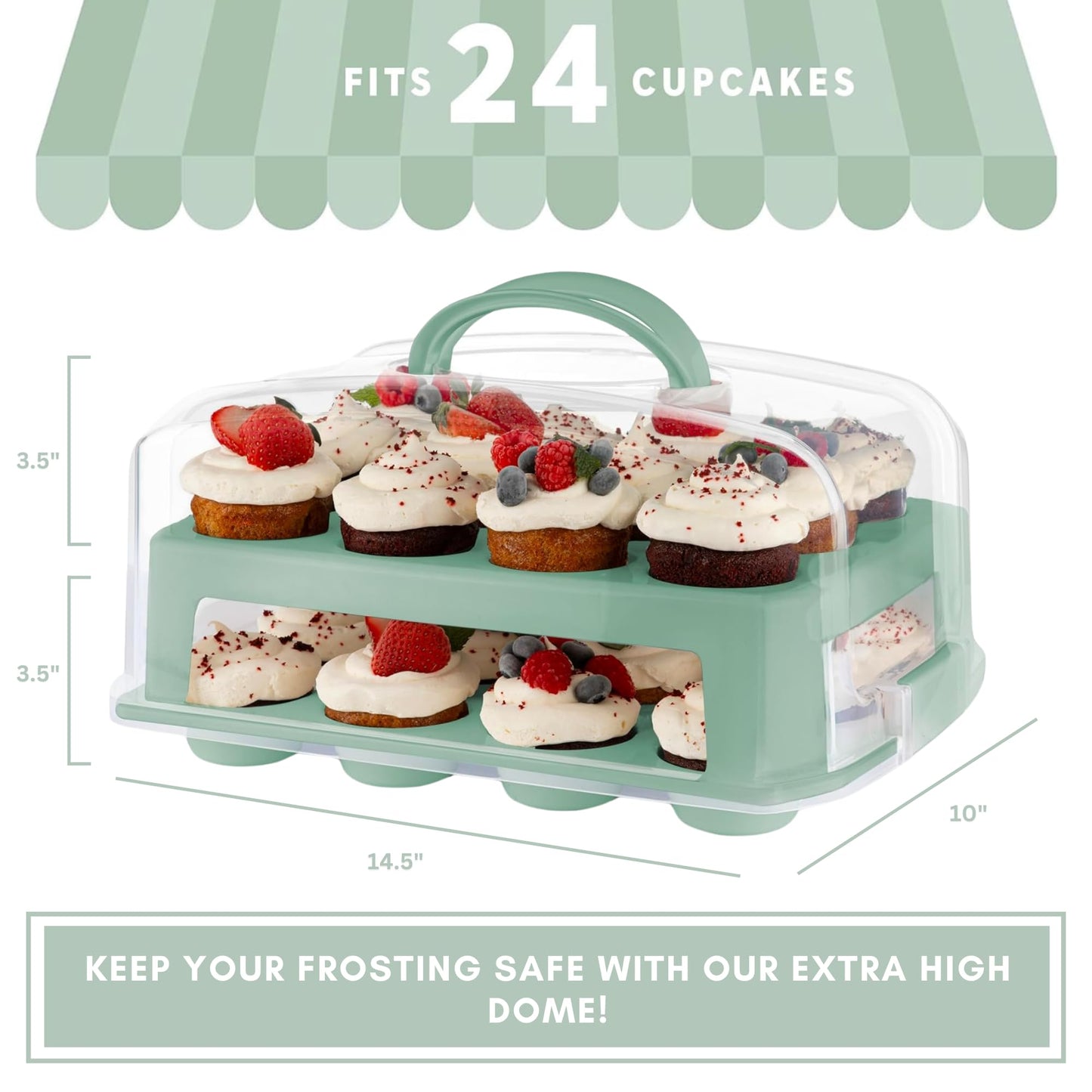MosJos EXTRA TALL DOME 24 Cupcake Carrier, Green Cupcake Holder Carries 24 Cupcake Storage Container, Muffin Traveler Two Tier Stand Reusable Cupcake Box
