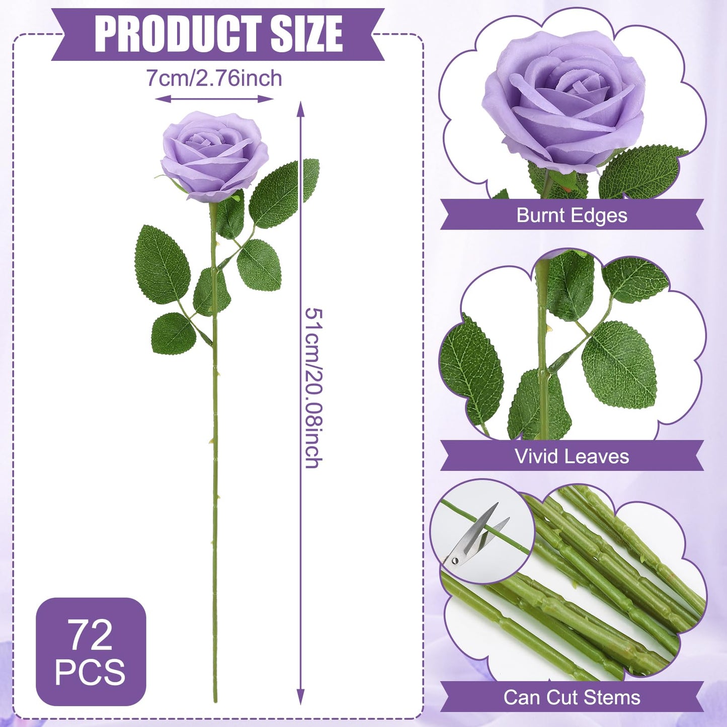 Ovveroche 72 Pcs Artificial Roses Light Purple Fake Silk Roses Realistic Roses Faux Flower Indoor Wedding Home Decor, Birthday Decorations