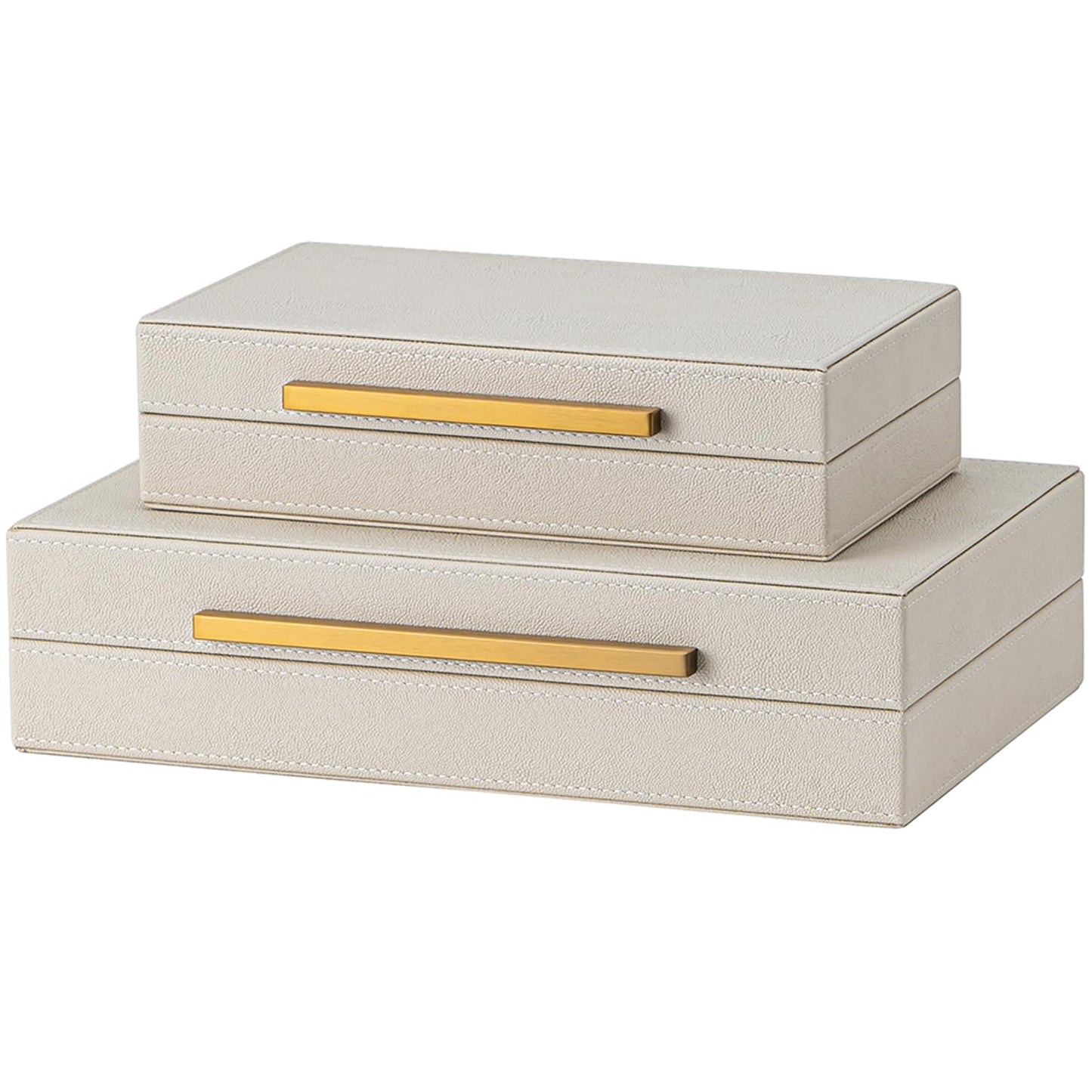 XIGEXIGE Faux Leather Large Modern Stackable Nesting Jewelry Box with Lids Organizer – Set of 2 Beige Shagreen Decorative Storage Boxes with Gold Metal Handles