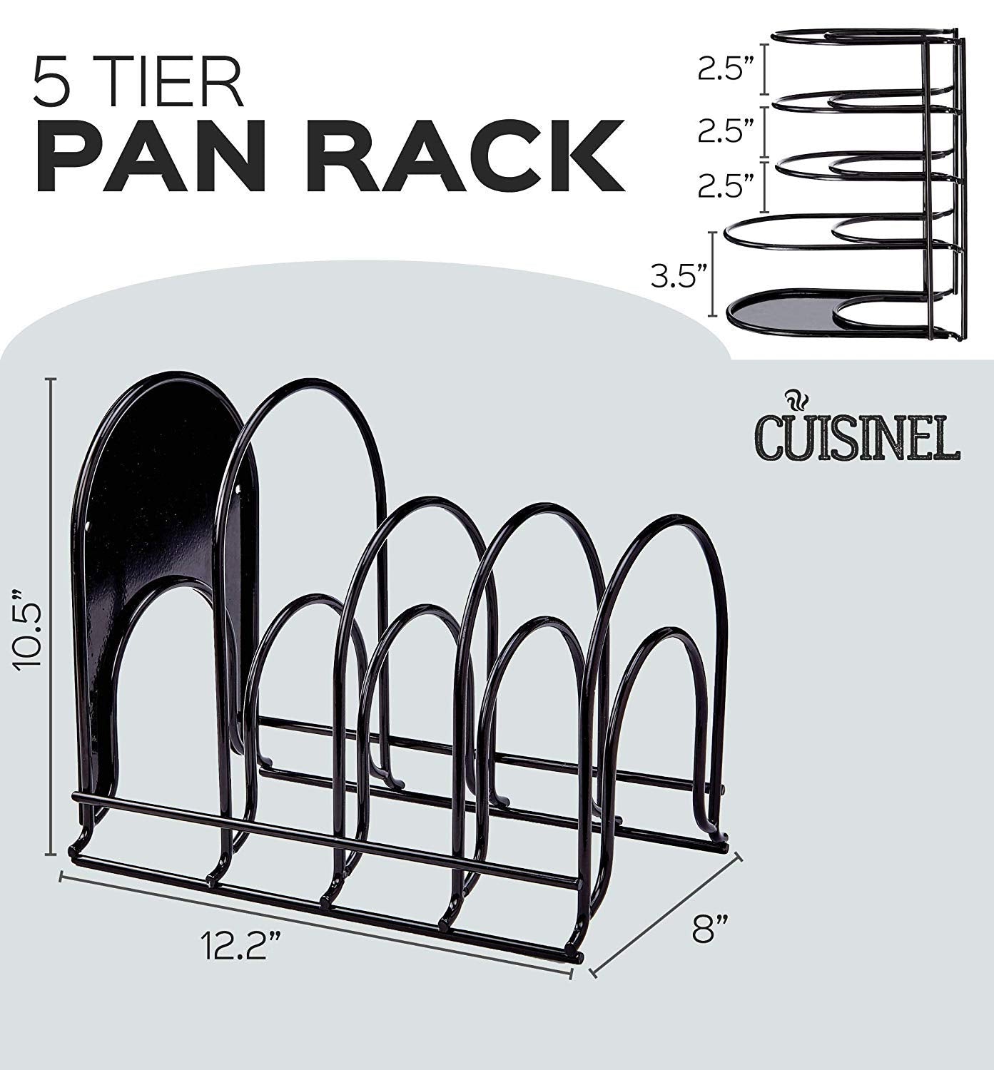 Cuisinel Heavy Duty Pots and Pans Organizer Rack - 12.2"-Inch Tall - 5 Tier Rack - Holds 60 LB - Cast Iron Skillets, Griddles, Shallow Cookware - Space Saving Kitchen Storage - No Assembly Required