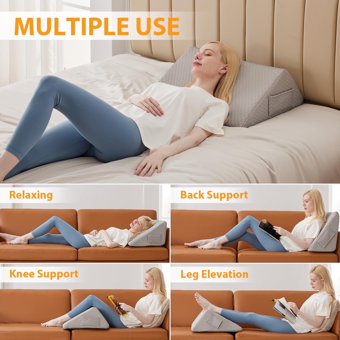 Ruqmuis Knee Pillow for Back Sleeping, 8” Knee Wedge Pillow to Elevate Knee, Leg Pillow for Back Pain Relief, Triangle Pillow, Leg Elevation Pillows for After Surgery, Blood Circulation, Grey