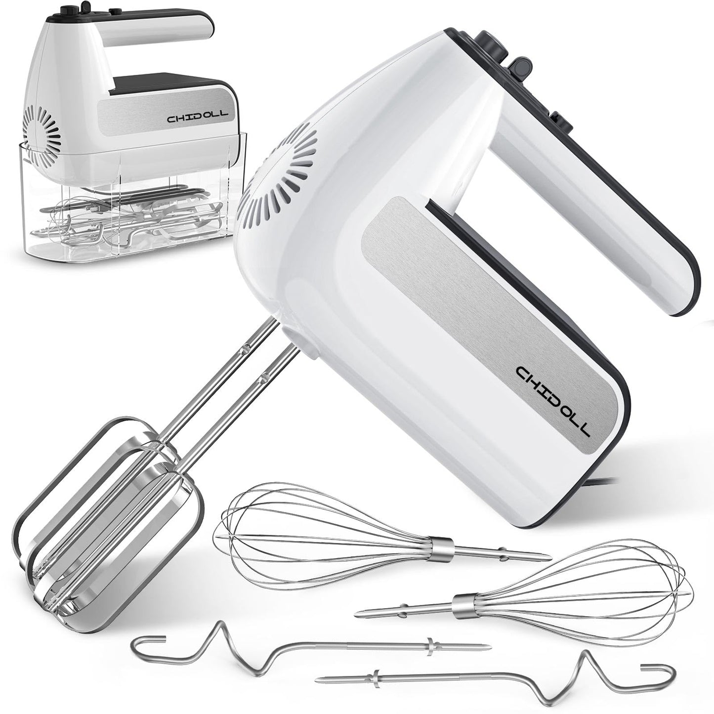 5-Speed Electric Hand Mixer, 800W Handheld Mixer with Turbo for Baking & Cooking, Kitchen Food Mixer with Storage Case & 6 Stainless Steel Attachments (2 Beaters, 2 Dough Hooks, 2 Whisks)-White