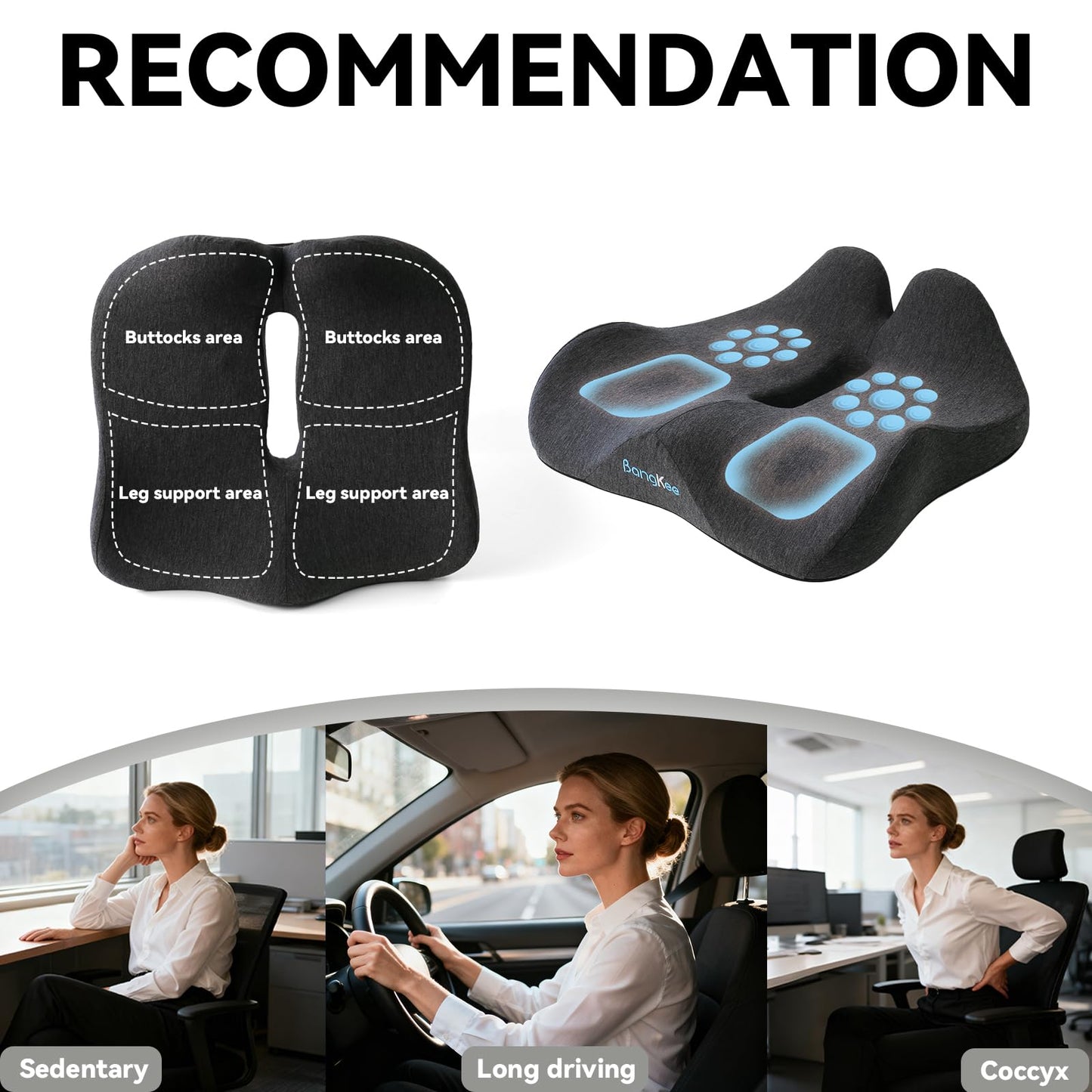 Bangkee 18x16 Inch Memory Foam Seat Cushion for Office Chair, Car & Travel, Ergonomic Chair Cushions for Long Sitting, Thick Supportive Seat Pad with Non-Slip Bottom, Washable Cover, Black